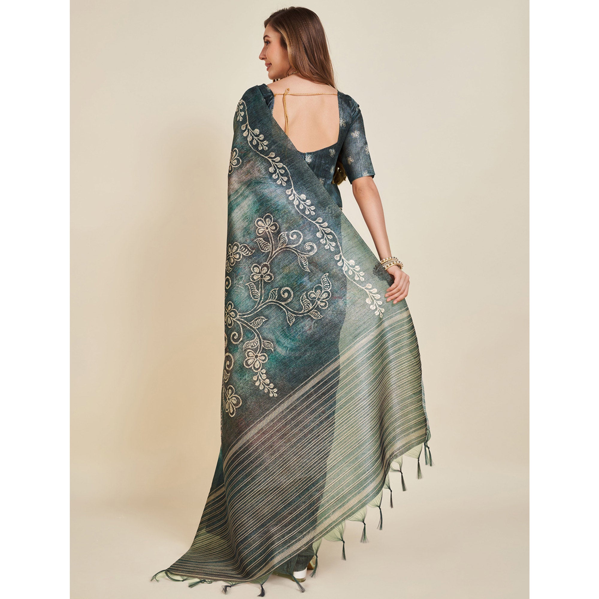 Grey Digital Printed Bhagalpuri Silk Saree With Tassels