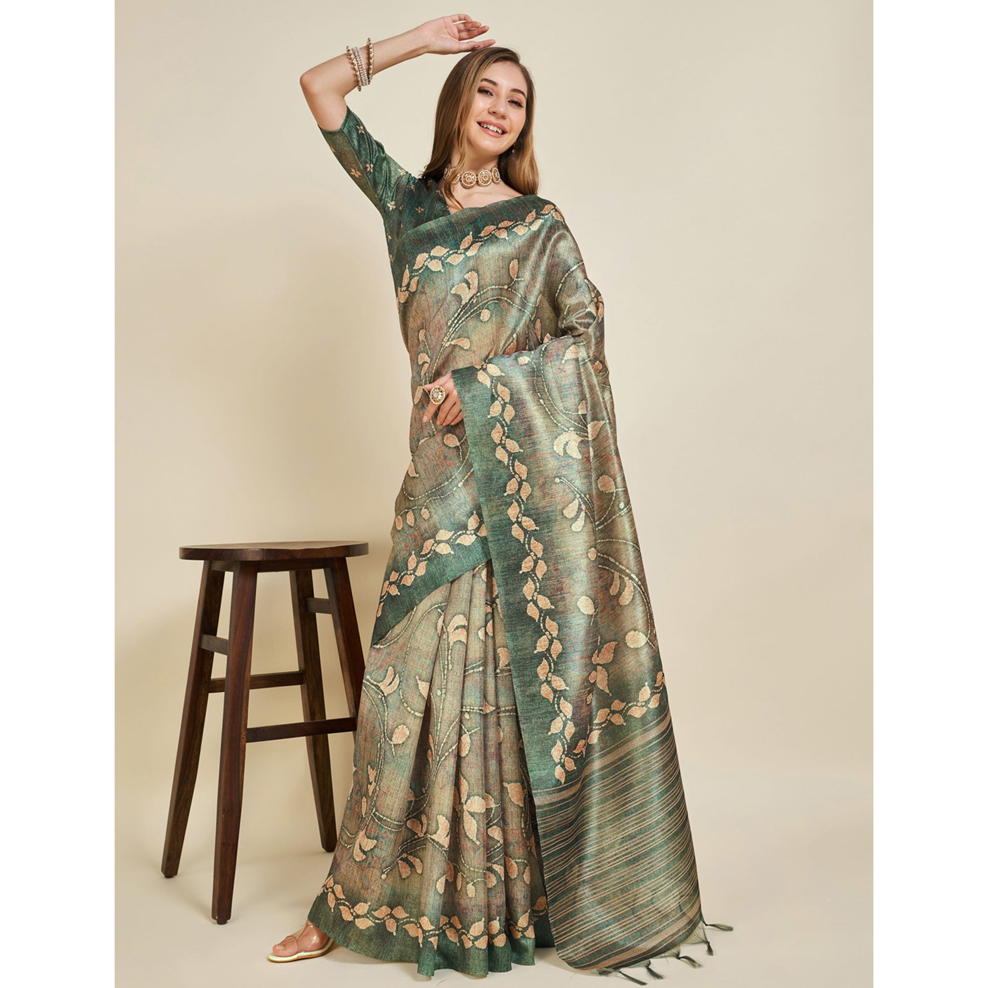 Green Digital Printed Bhagalpuri Silk Saree With Tassels