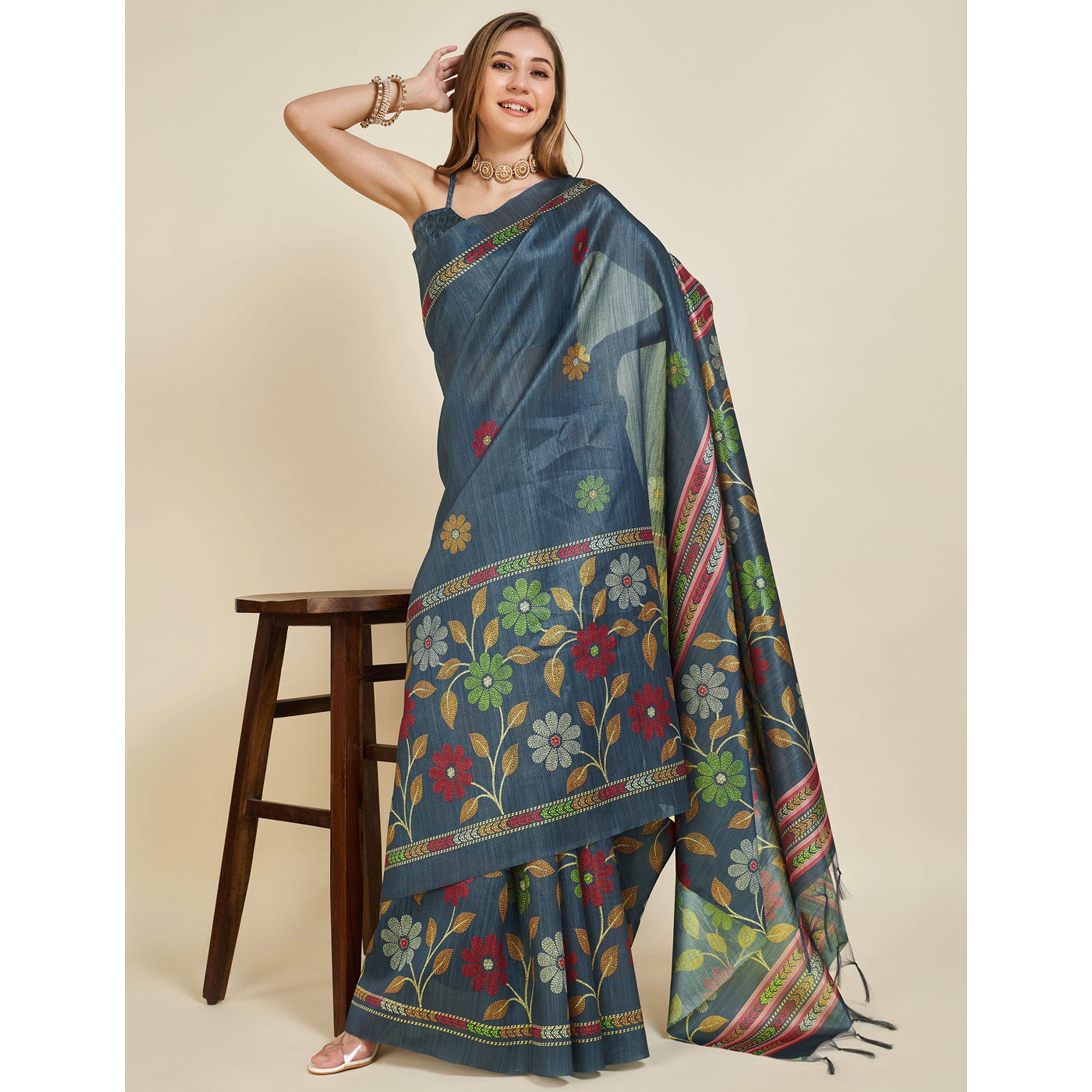 Bluish Grey Digital Printed Bhagalpuri Silk Saree With Tassels