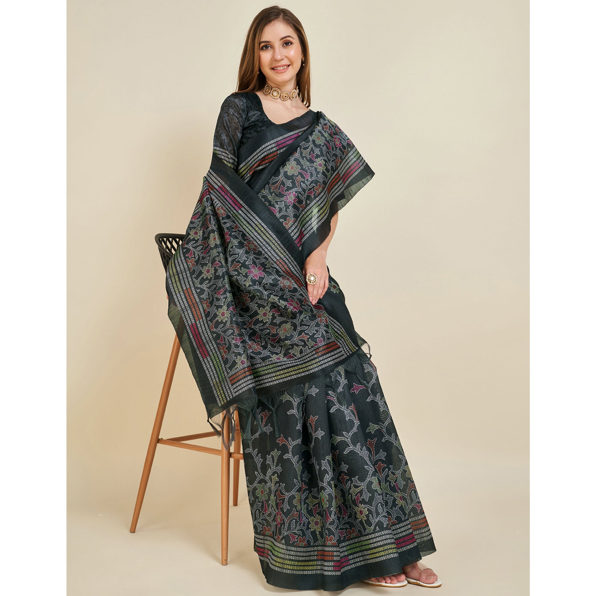 Black Digital Printed Bhagalpuri Silk Saree With Tassels