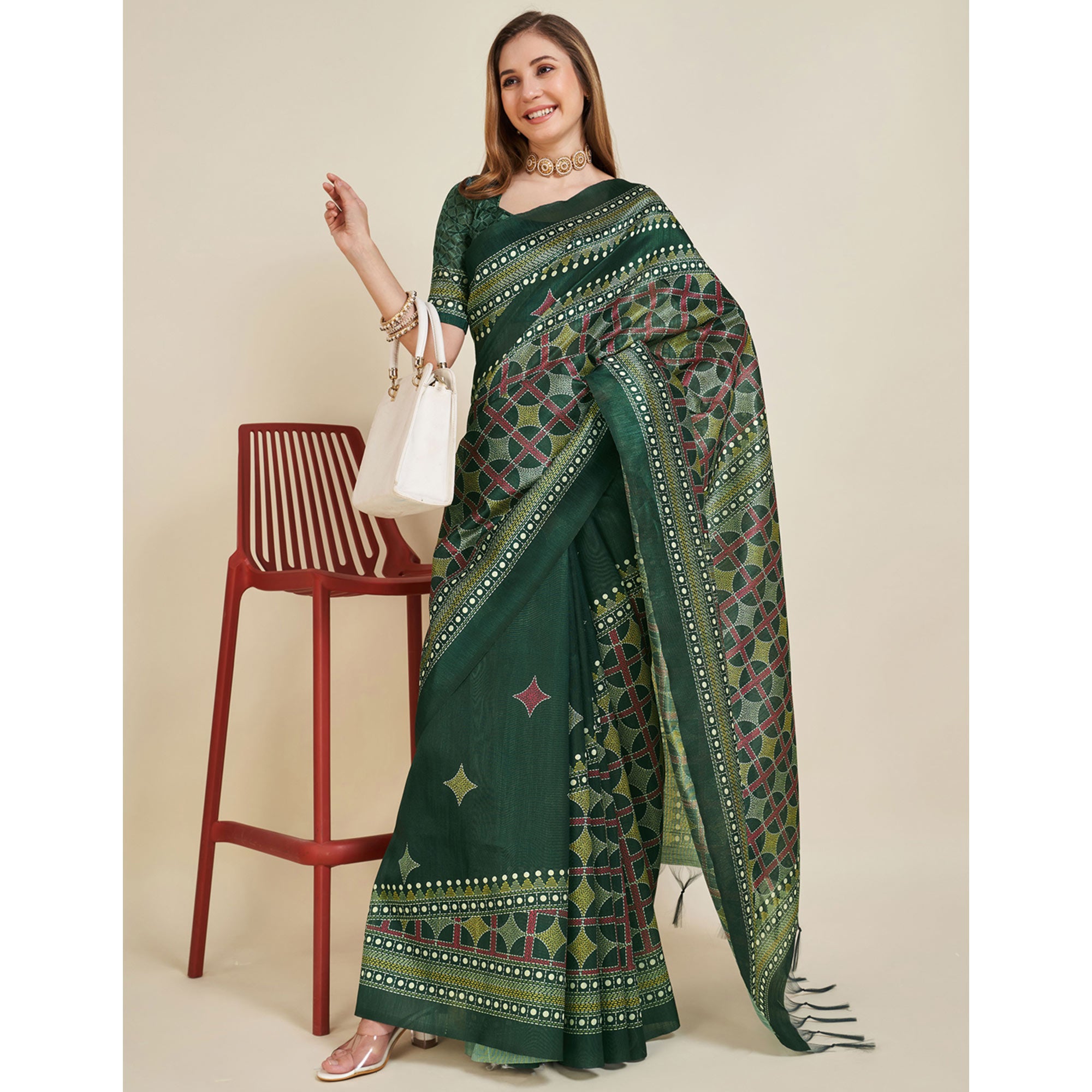 Green Digital Printed Bhagalpuri Silk Saree With Tassels