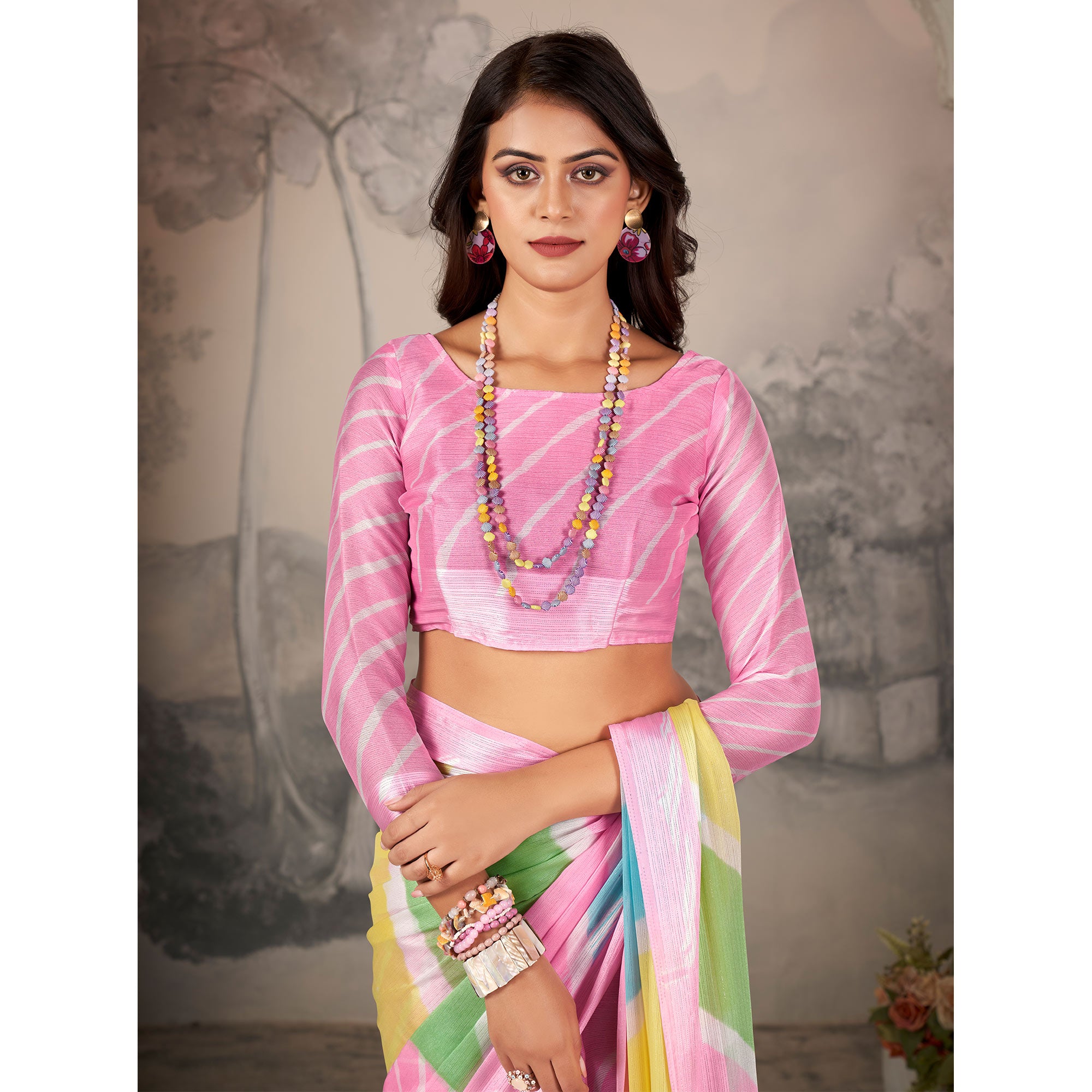 Pink Printed Chiffon Saree