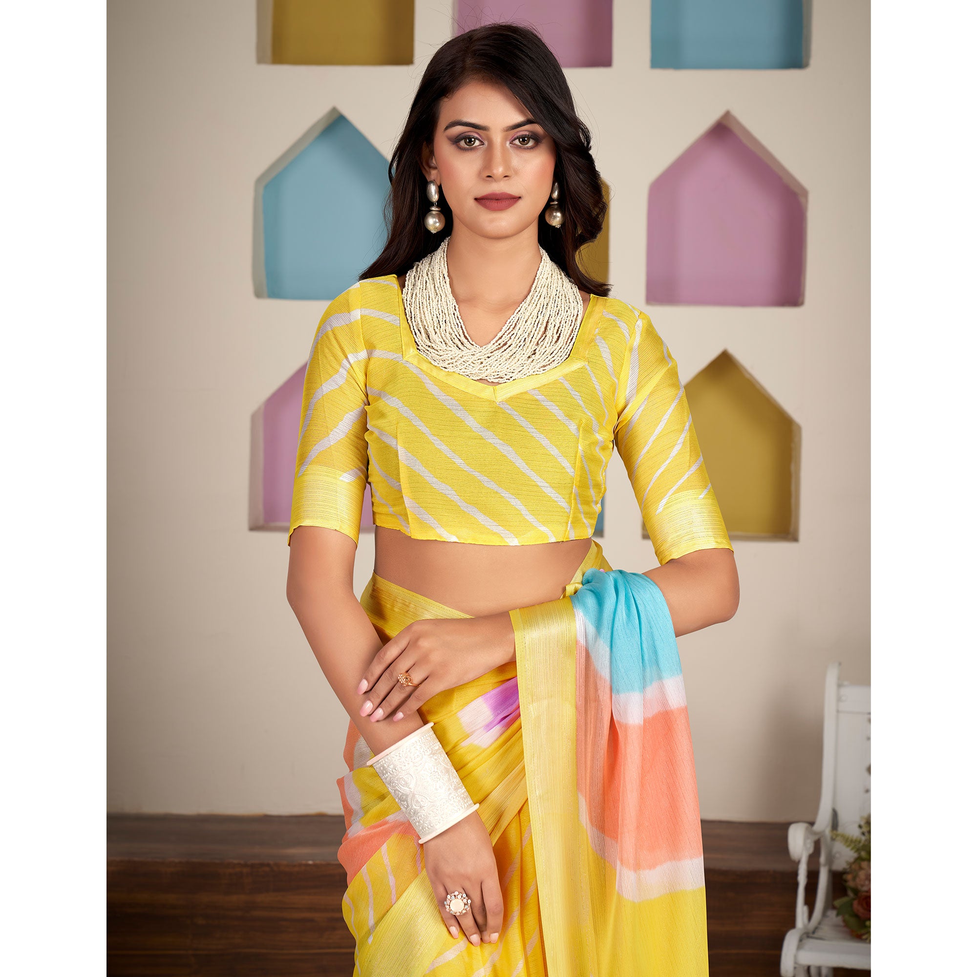 Yellow Printed Chiffon Saree