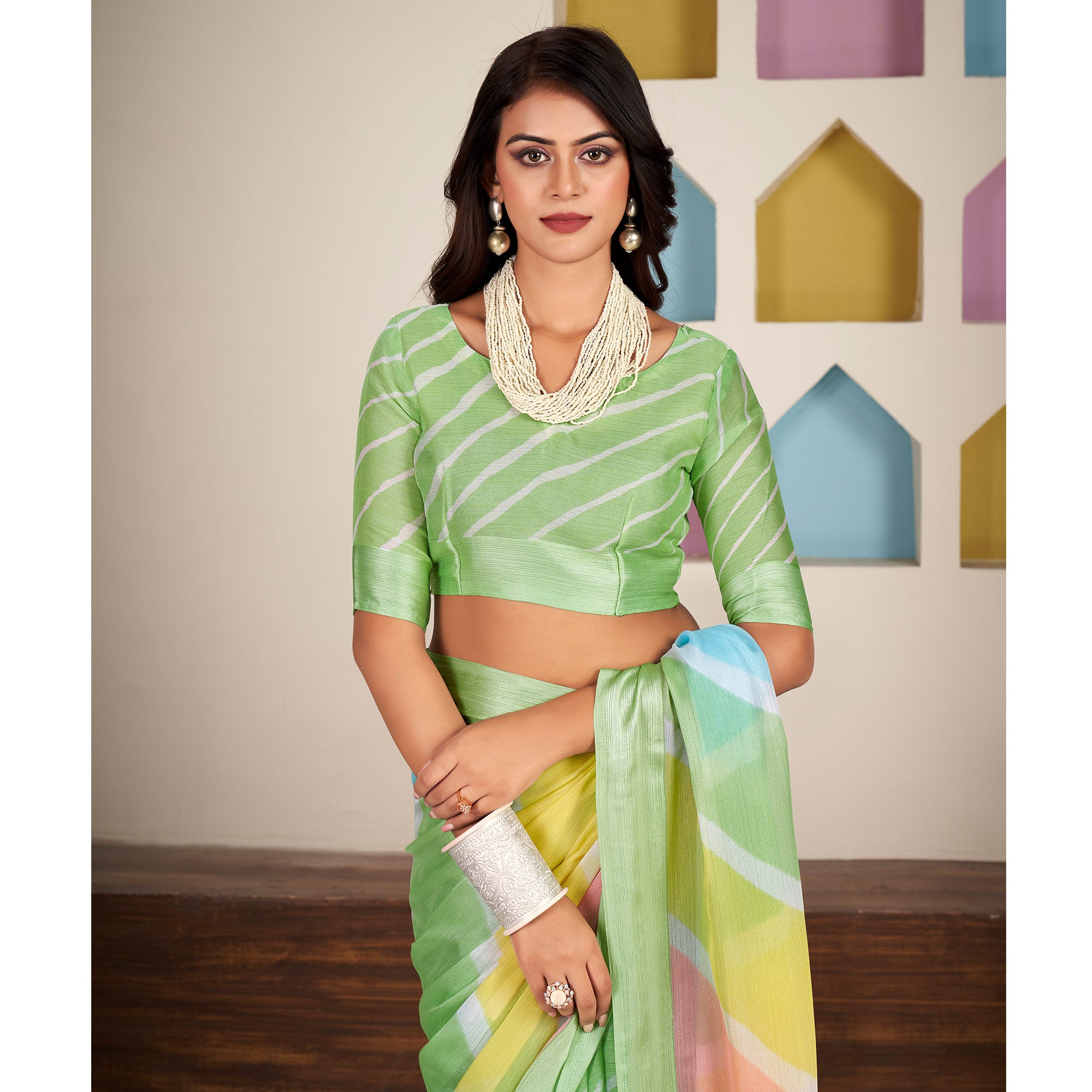 Green Printed Chiffon Saree