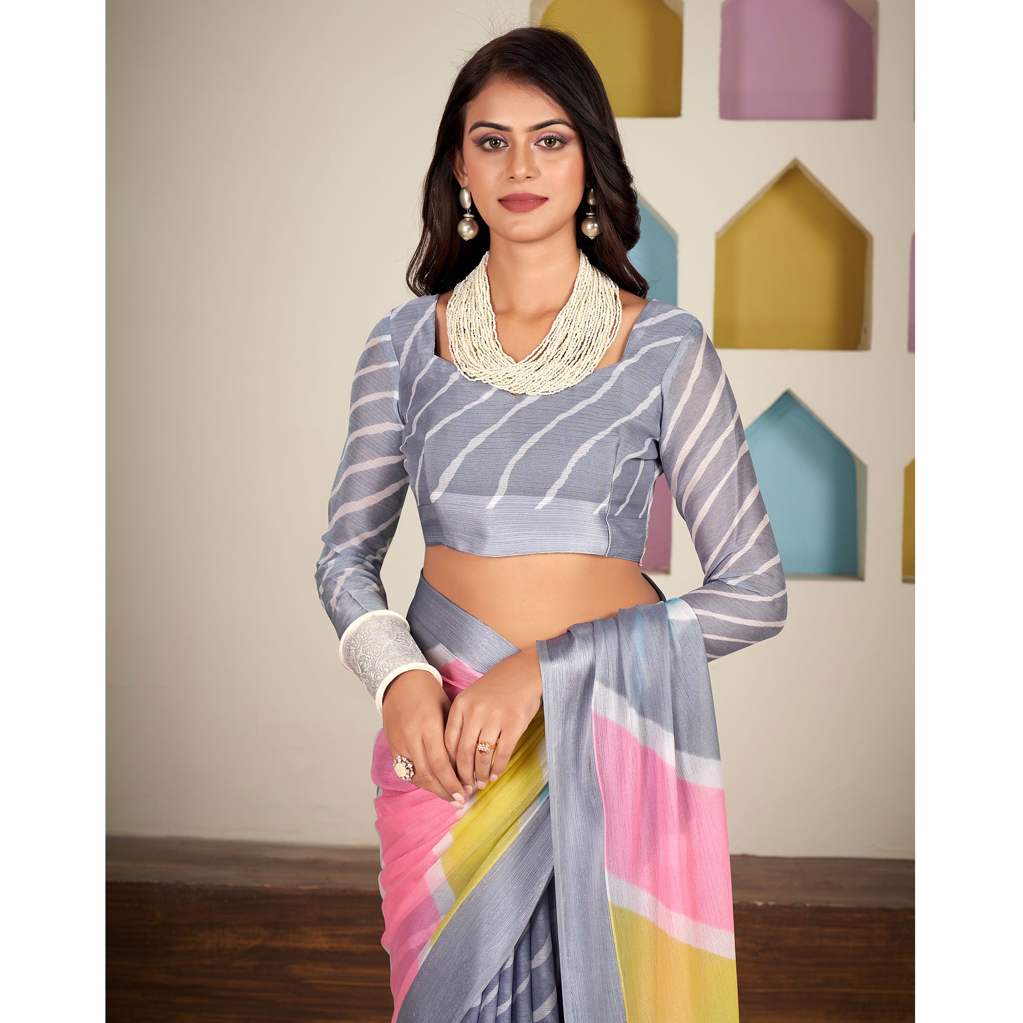 Grey Printed Chiffon Saree