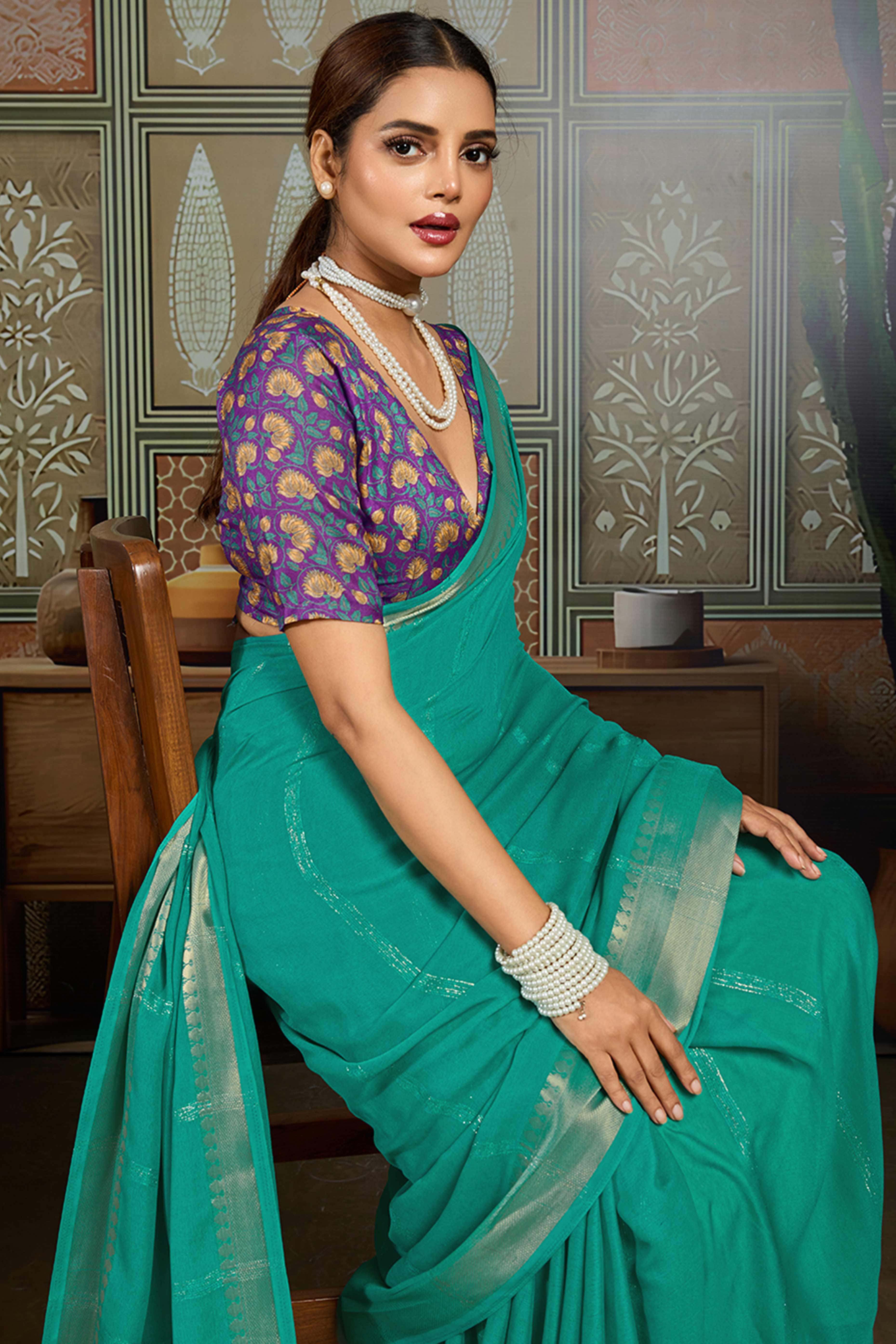 Rama Green Striped Pattern Bemberg Saree Adorned With Intricate Zari Weaving & Graceful Tassel Pallu