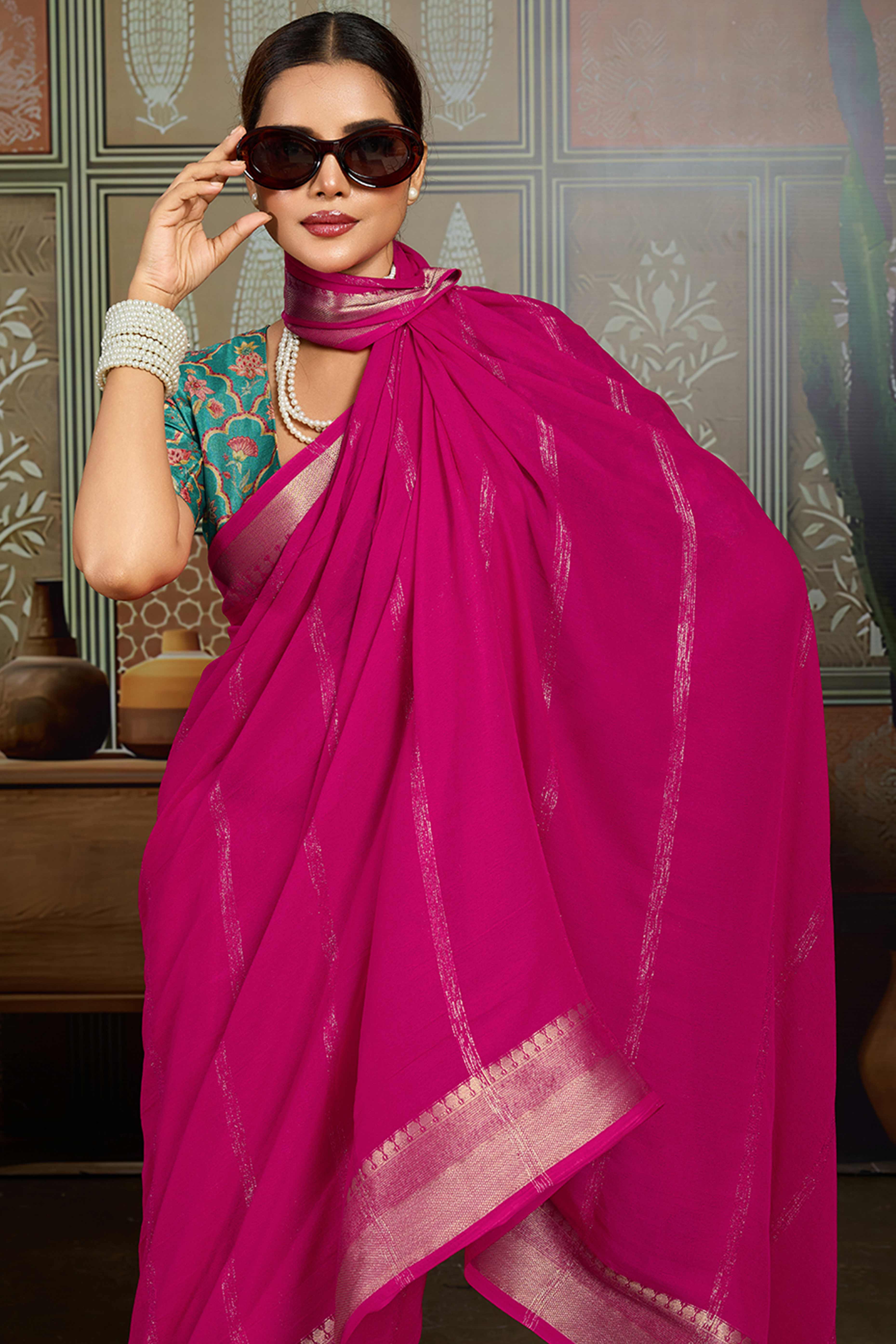 Rani Pink Striped Pattern Bemberg Saree Adorned With Intricate Zari Weaving & Graceful Tassel Pallu
