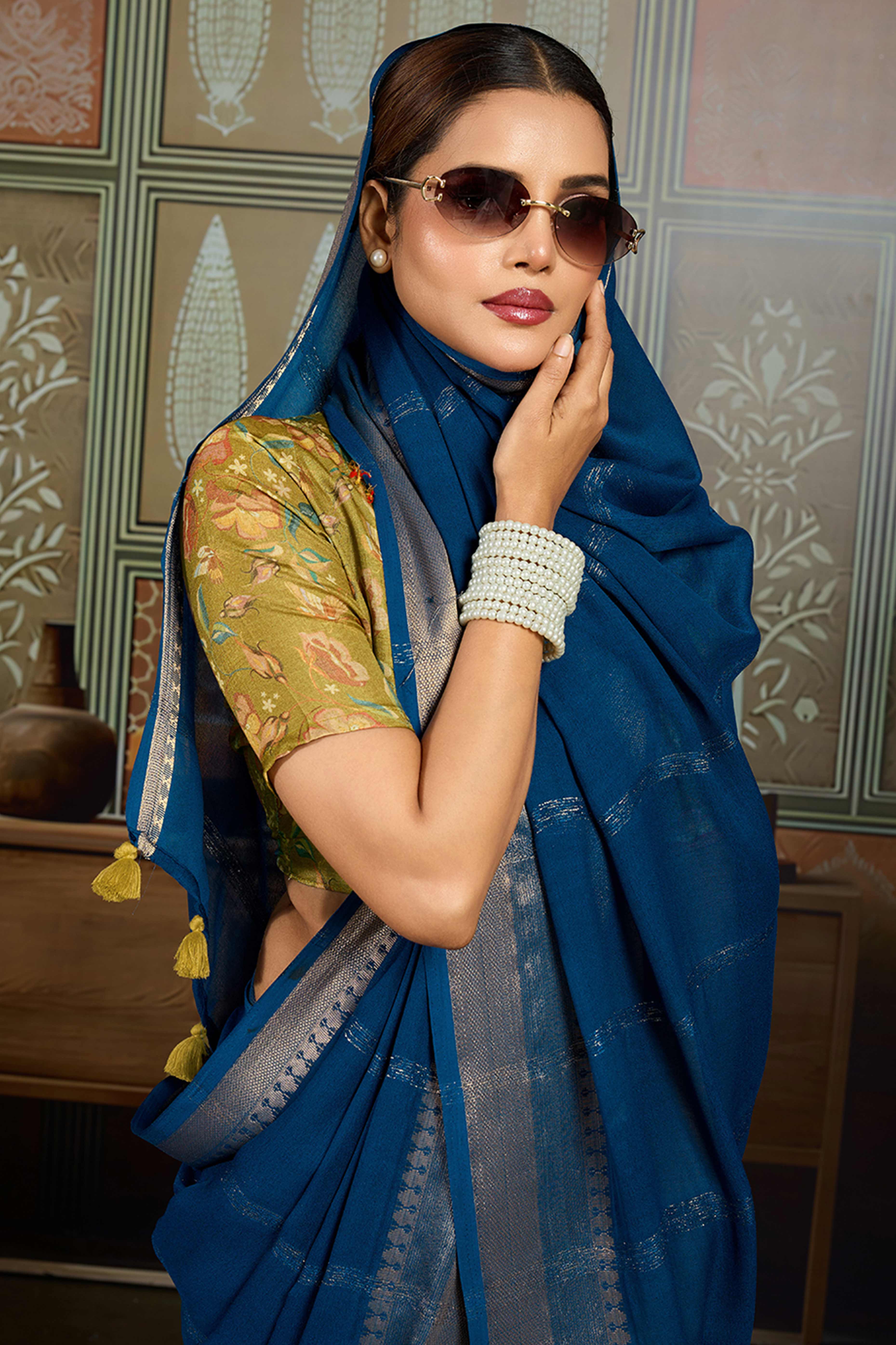 Blue Striped Pattern Bemberg Saree Adorned With Intricate Zari Weaving & Graceful Tassel Pallu