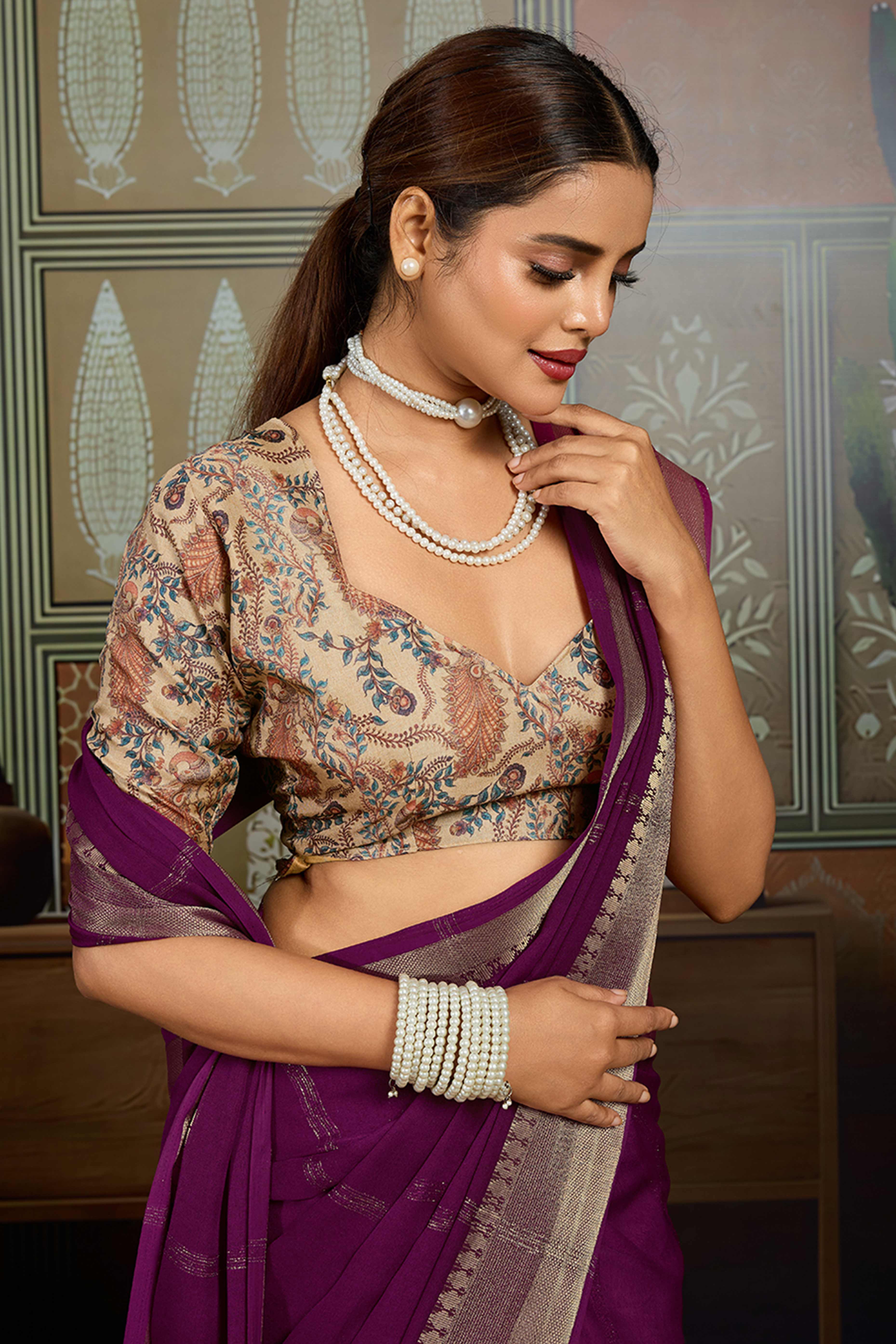 Purple Striped Pattern Bemberg Saree Adorned With Intricate Zari Weaving & Graceful Tassel Pallu