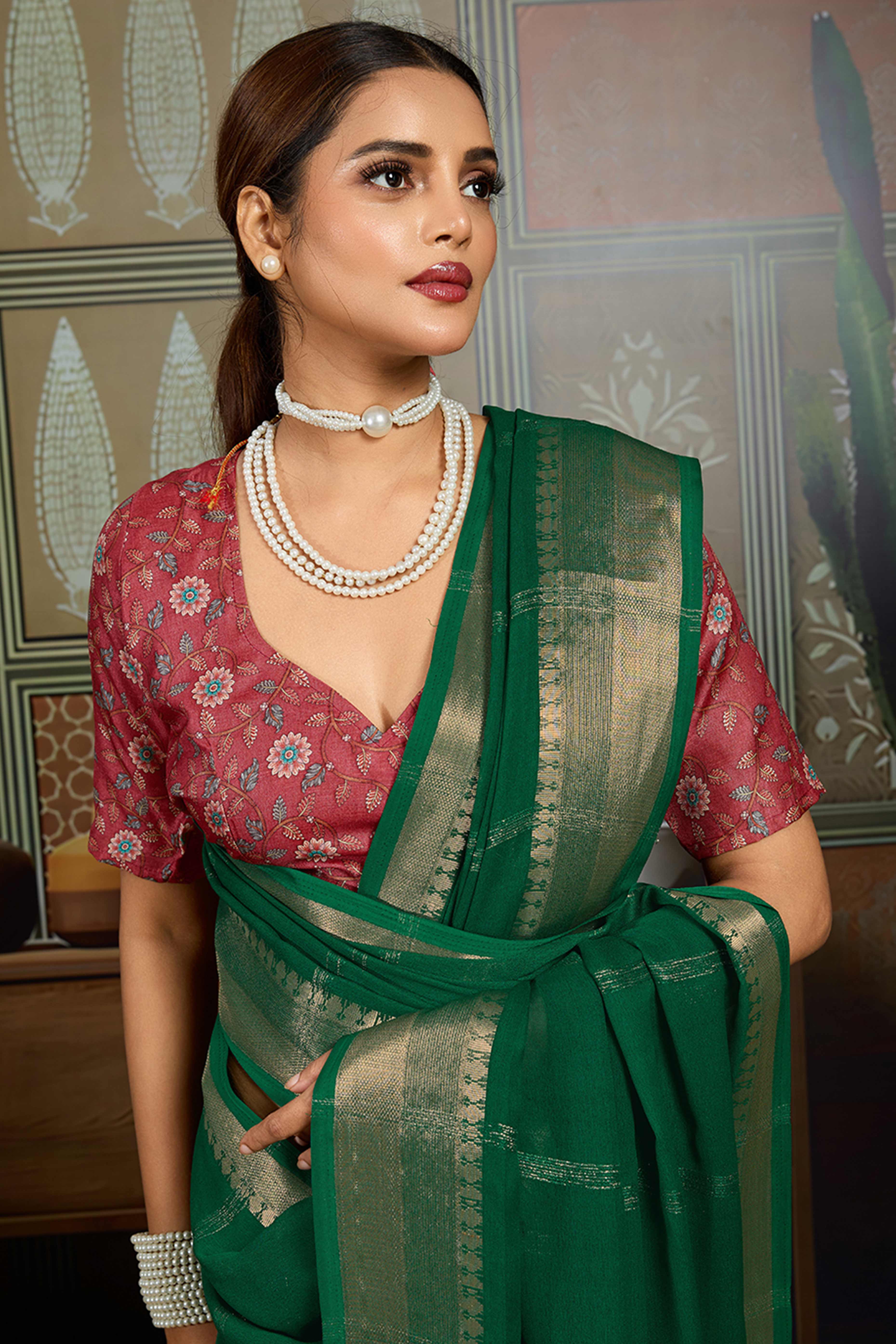 Green Striped Pattern Bemberg Saree Adorned With Intricate Zari Weaving & Graceful Tassel Pallu