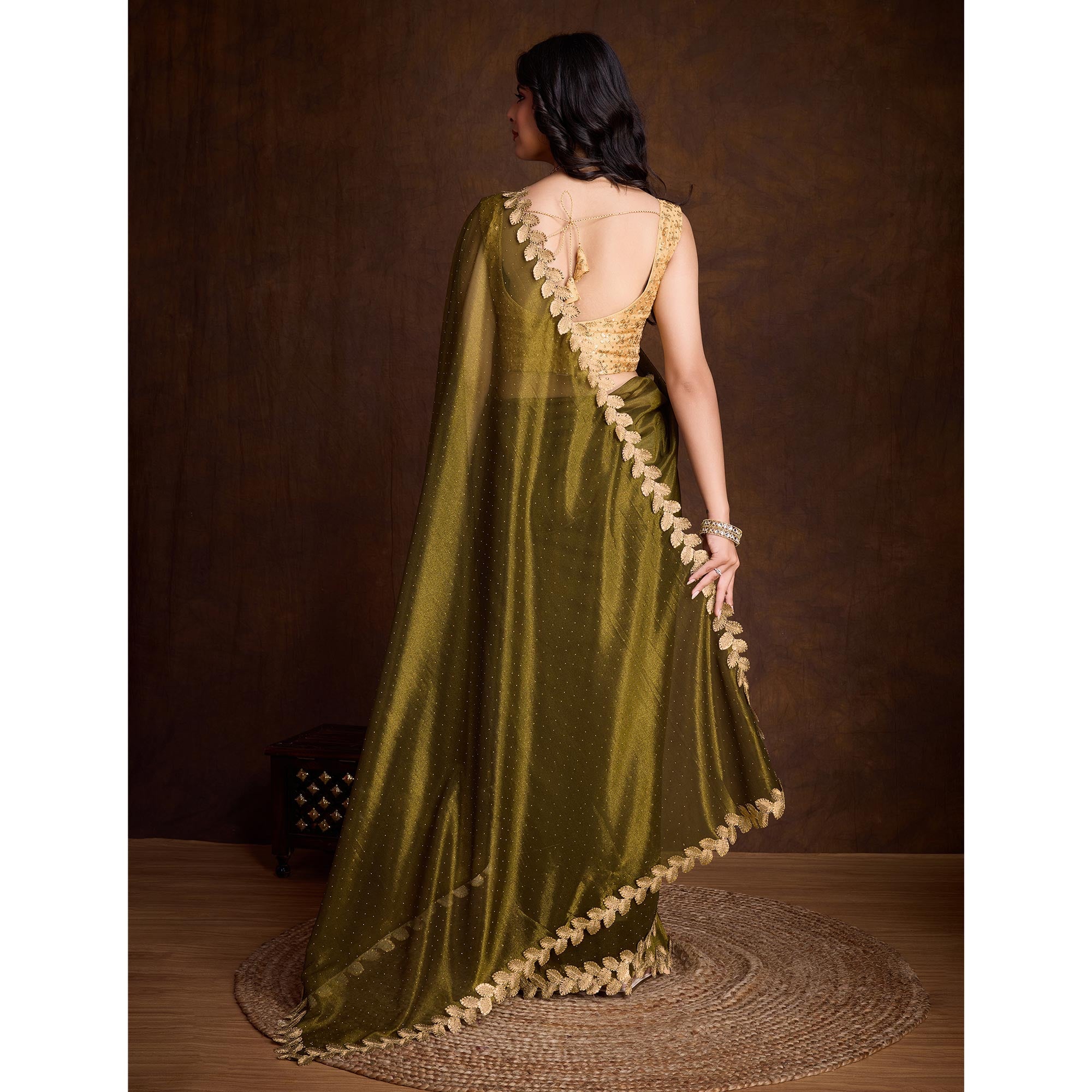 Mehandi Green Swarovski Work Shimmer Net Saree