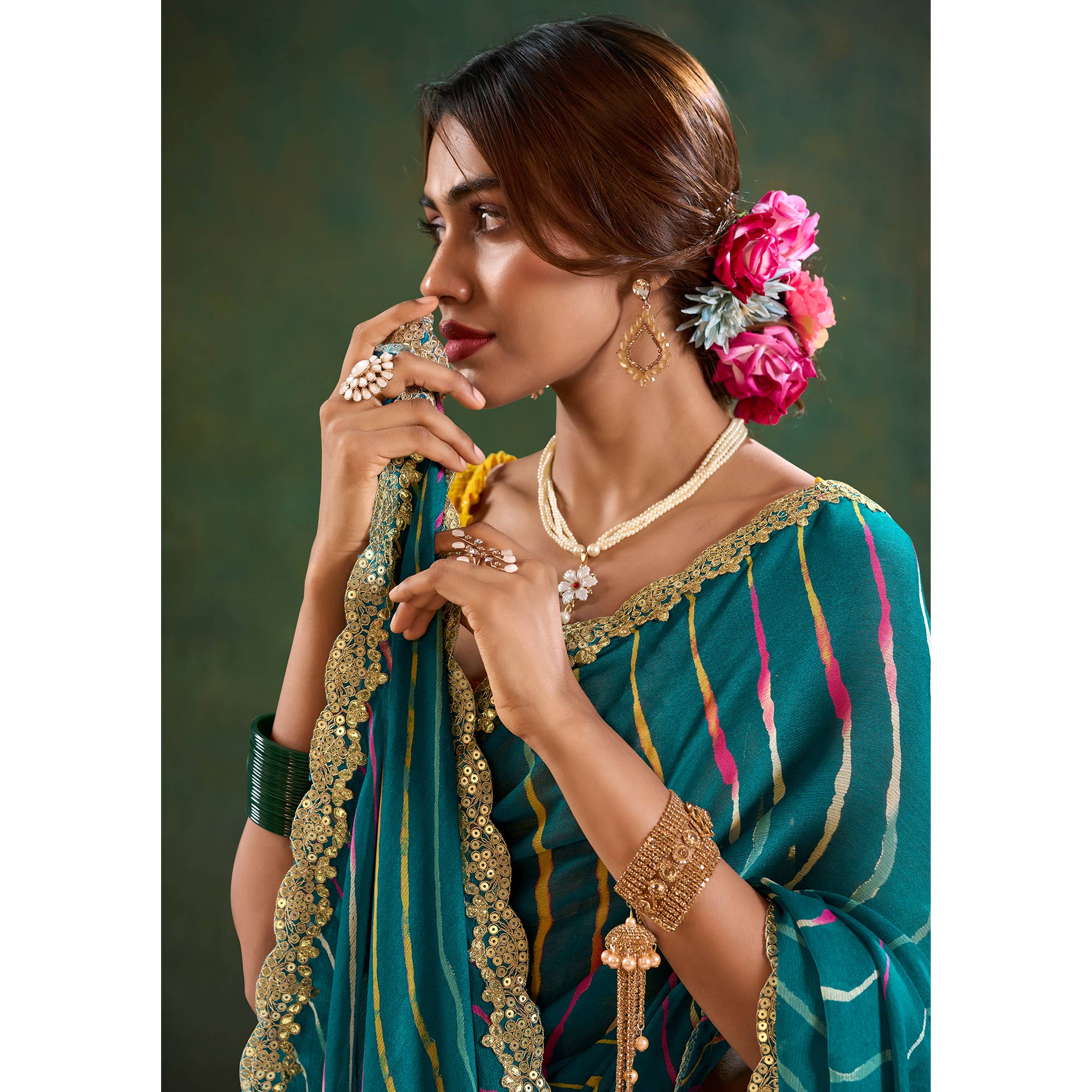Morpich Green Printed Chiffon Saree With Sequins Border
