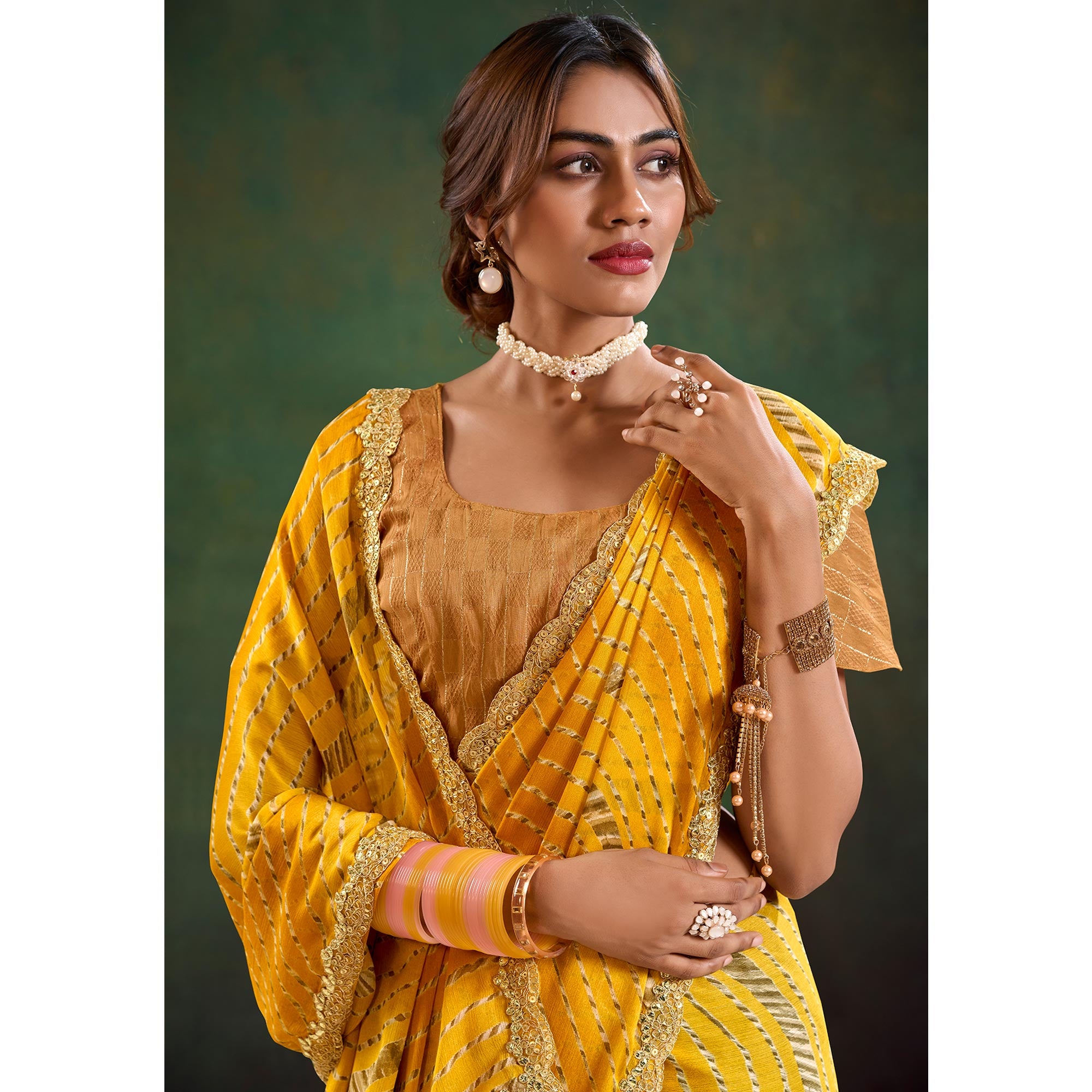 Mustard Printed Chiffon Saree With Sequins Border