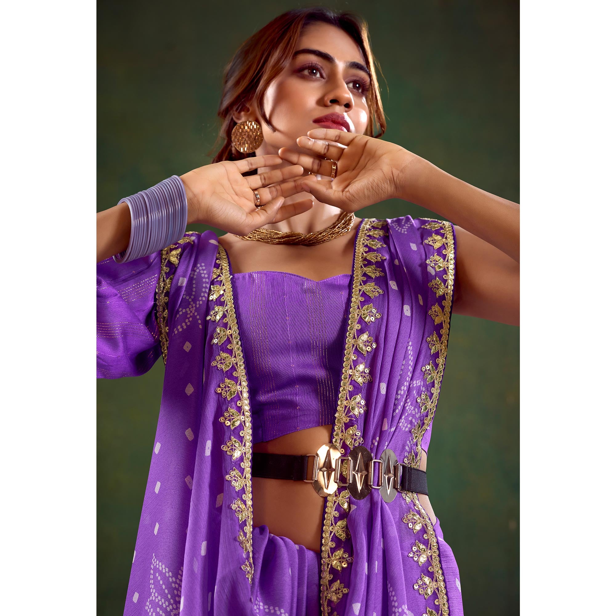 Violet Printed Chiffon Saree With Sequins Border