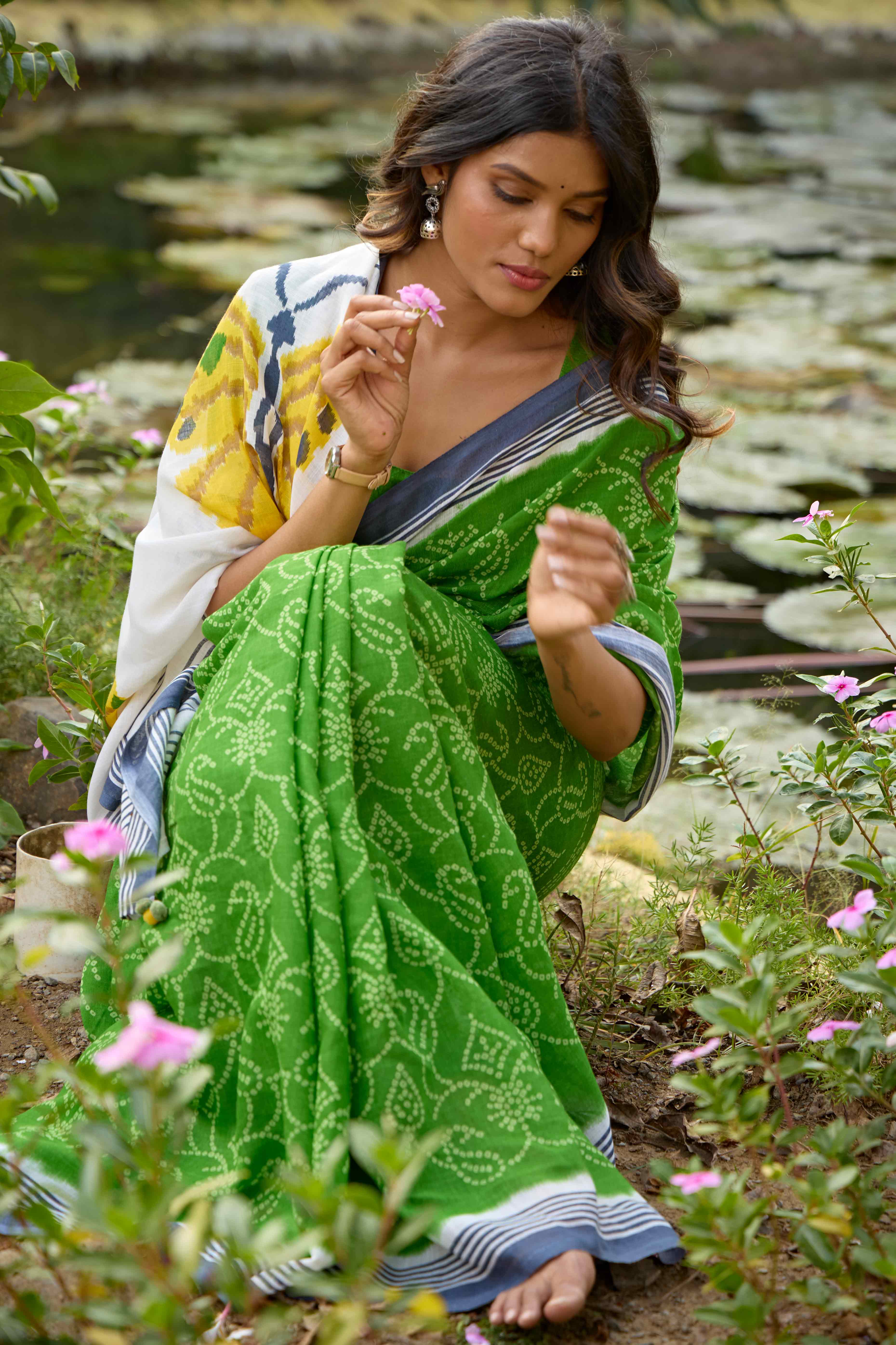Forest Green Bandhani Printed Linen Saree