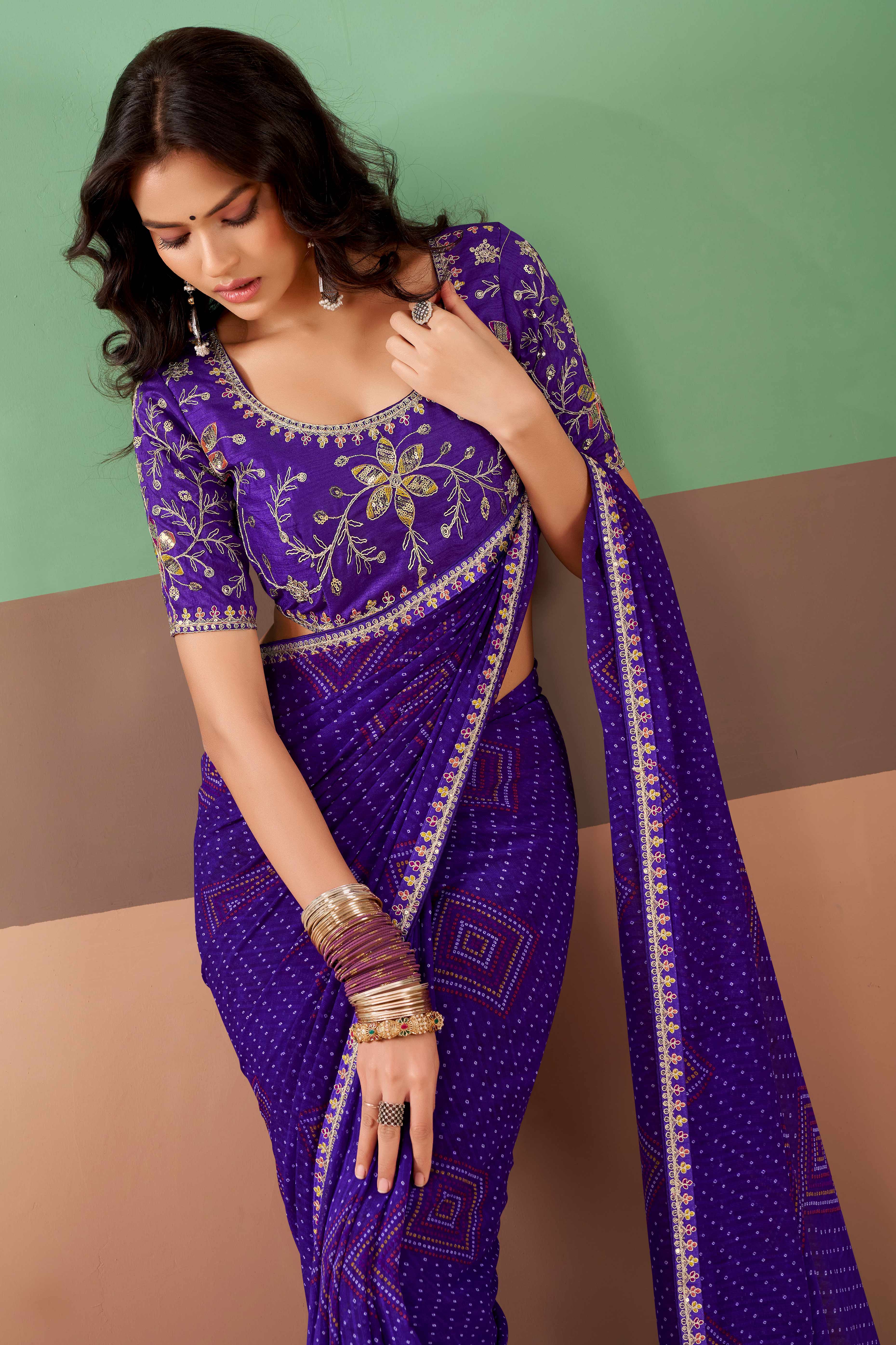Charming Purple Bandhani Printed Georgette Saree Adorned With Intricate Cording Embroidered Border