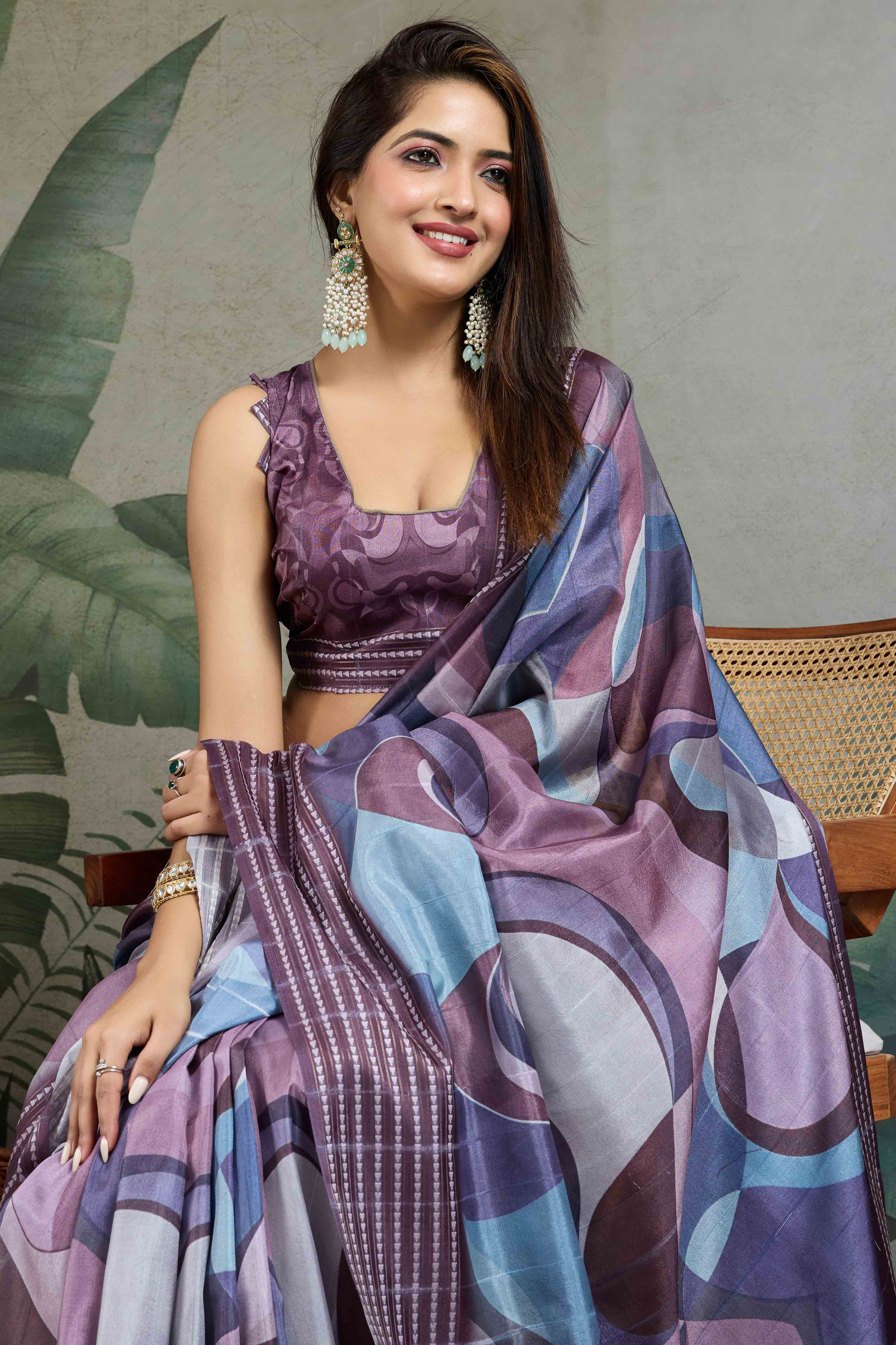 Wine Silk Blend Saree with Geometric Print