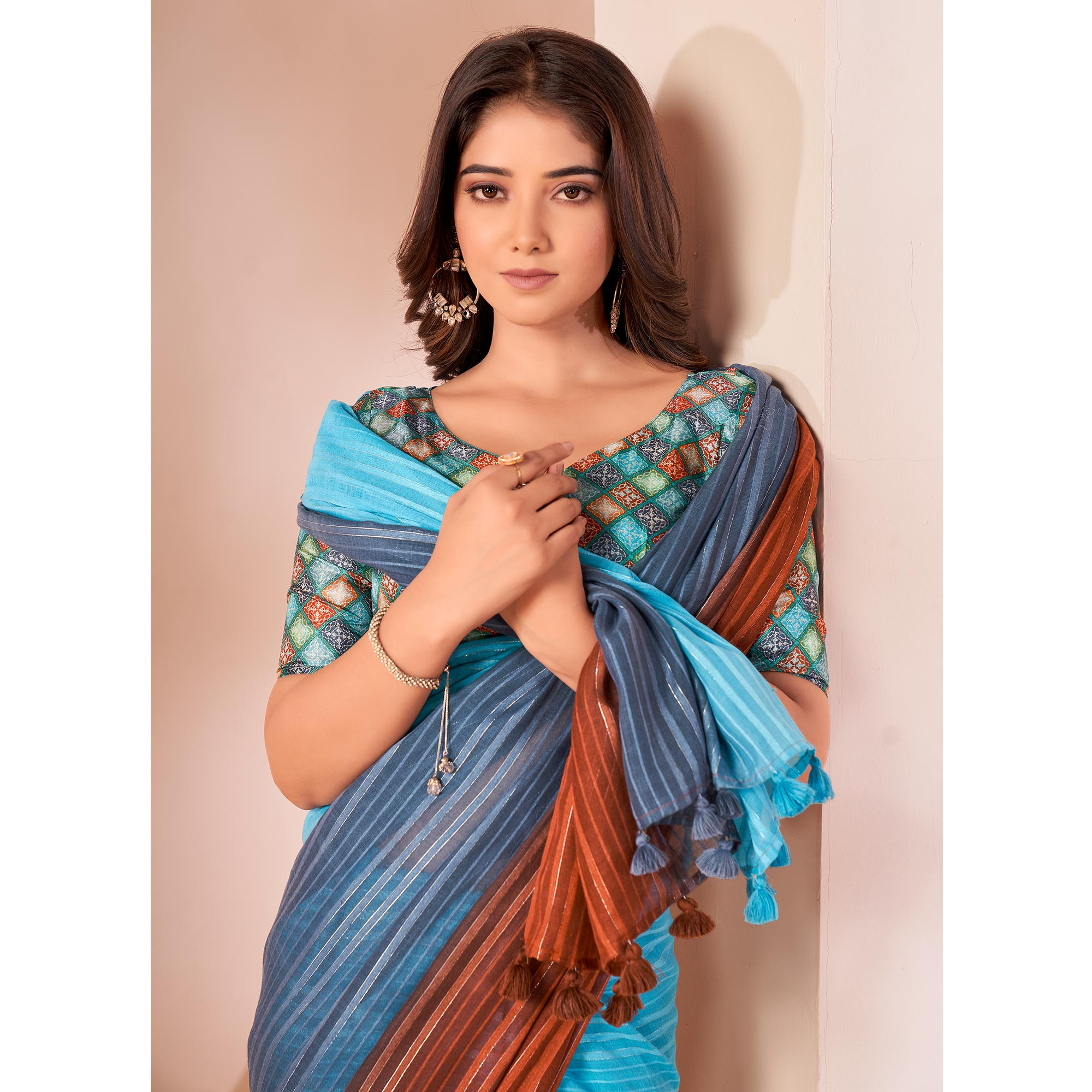 Multicolor Woven Linen Saree With Tassels