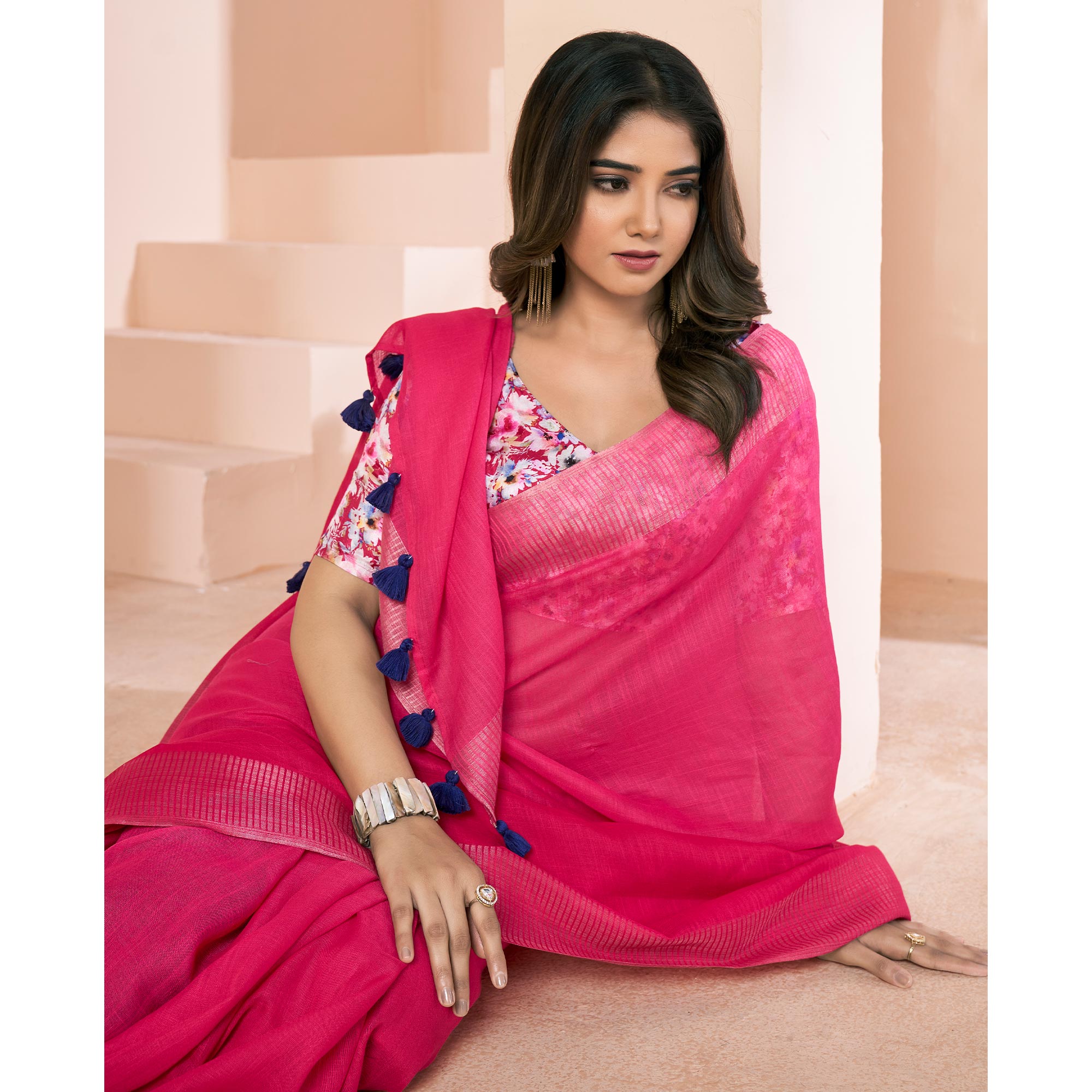 Pink Woven Linen Saree With Tassels