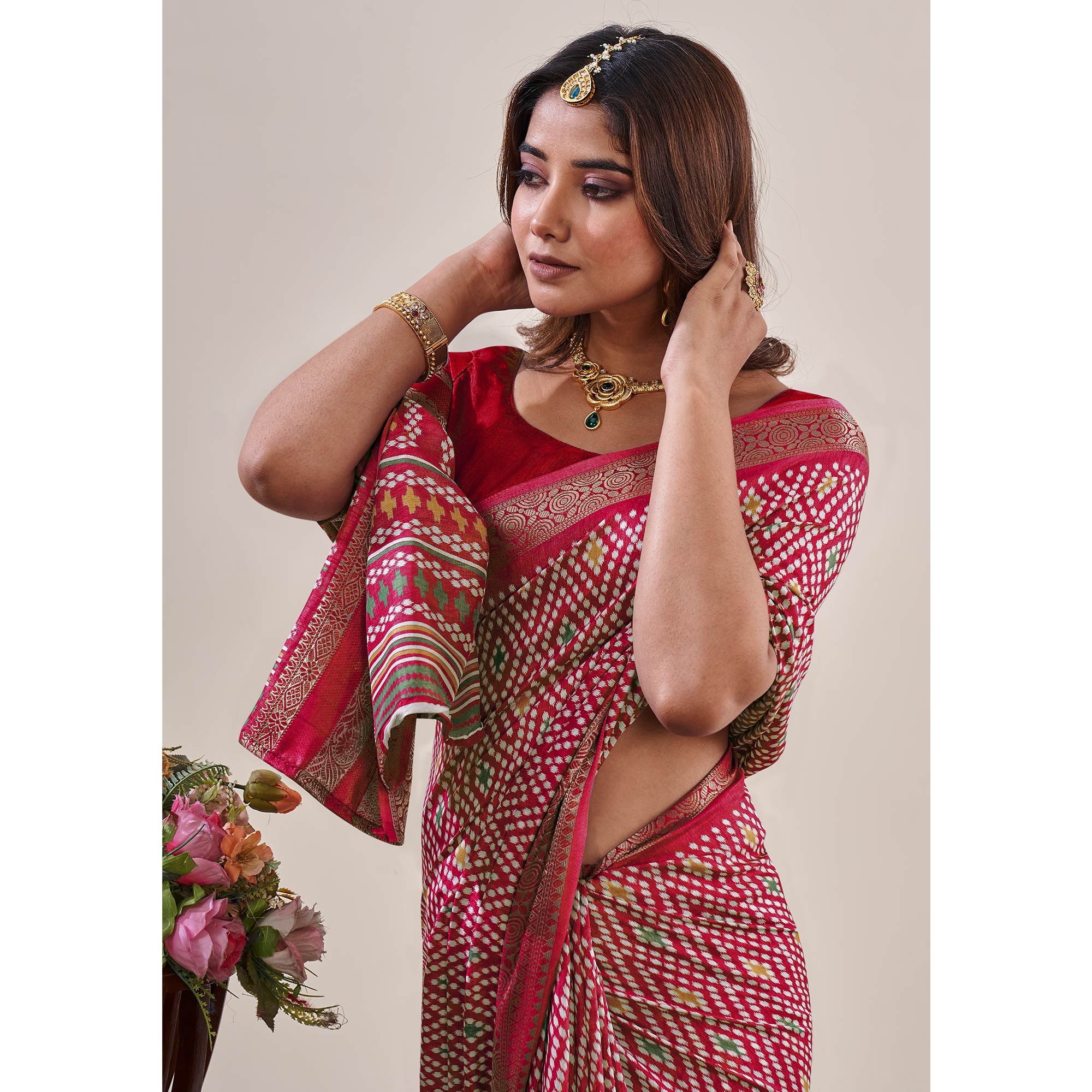 Red Ikkat Printed With Jacquard Border Cotton Silk Saree