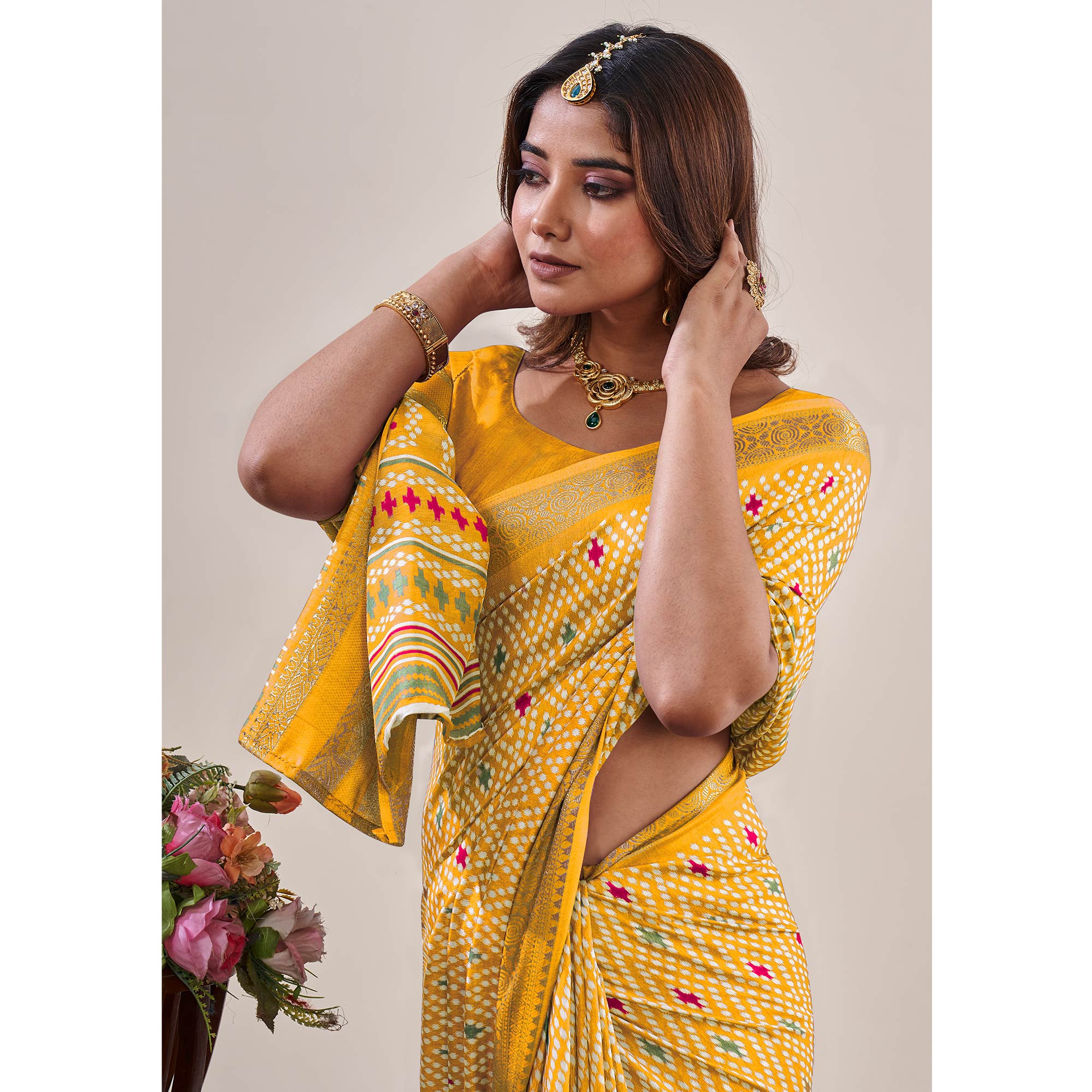 Yellow Ikkat Printed With Jacquard Border Cotton Silk Saree