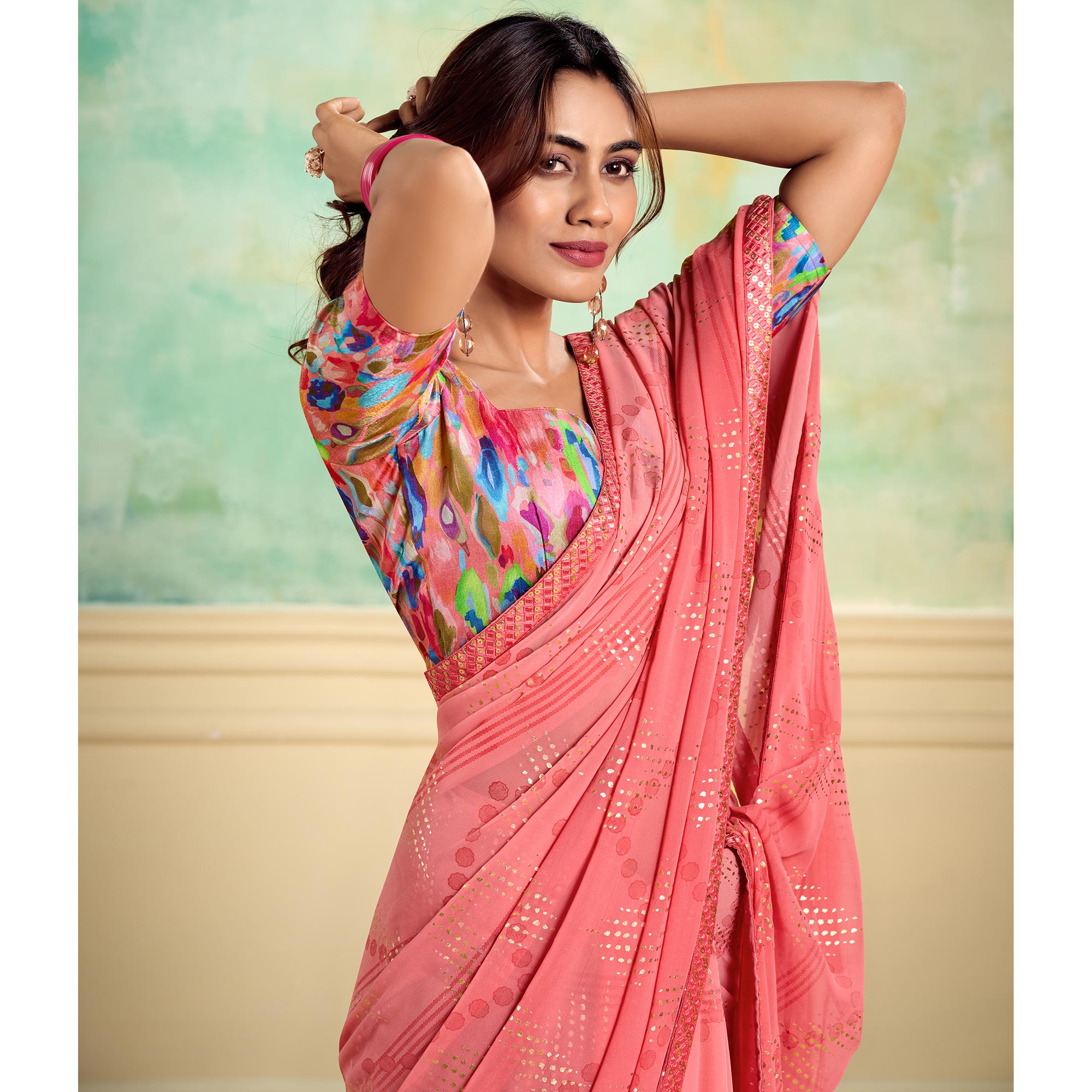 Peach Foil Printed With Sequins Georgette Saree