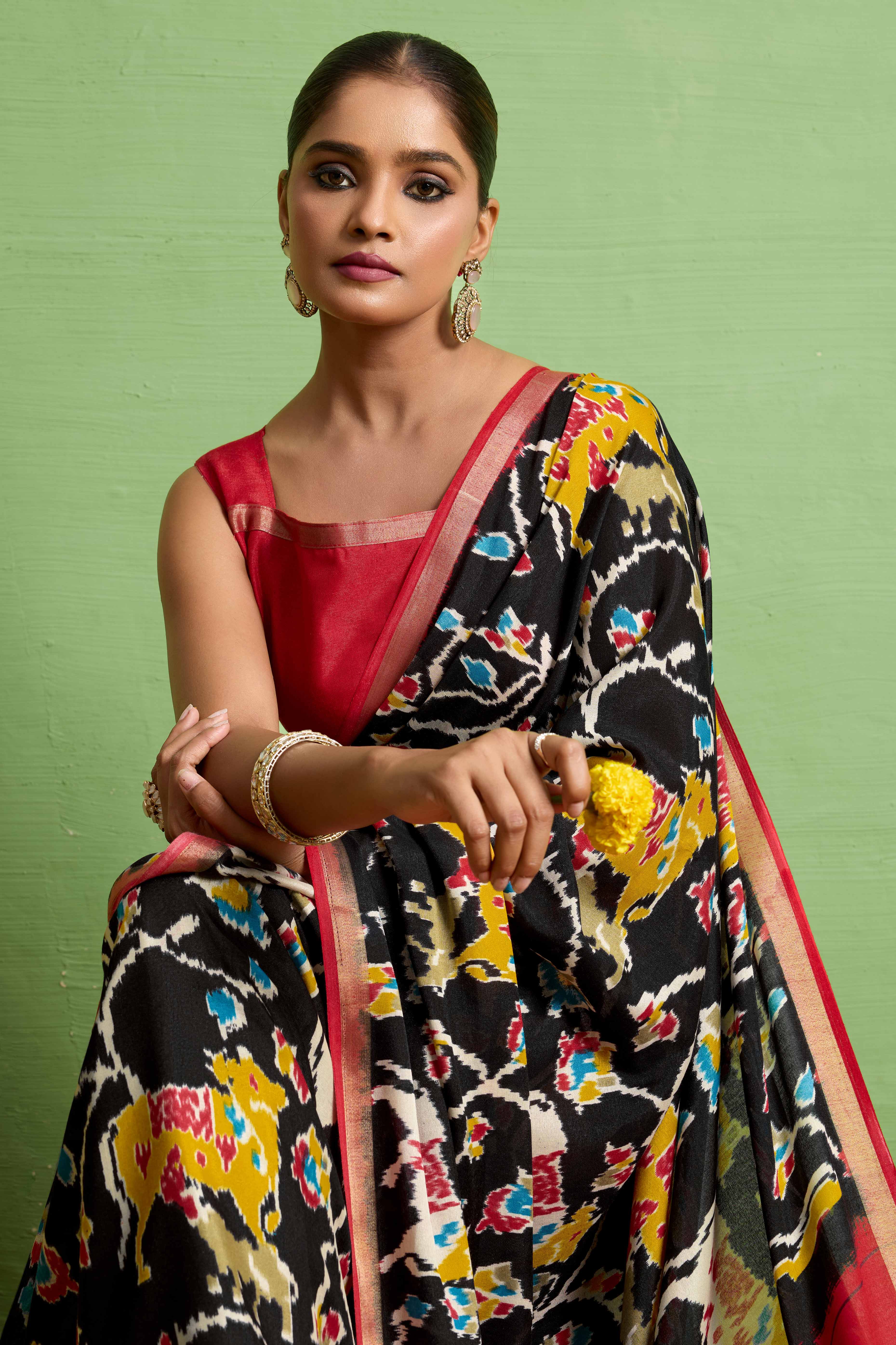 Traditional Black Silk Blend Saree with Ikkat Print & Zari Edging