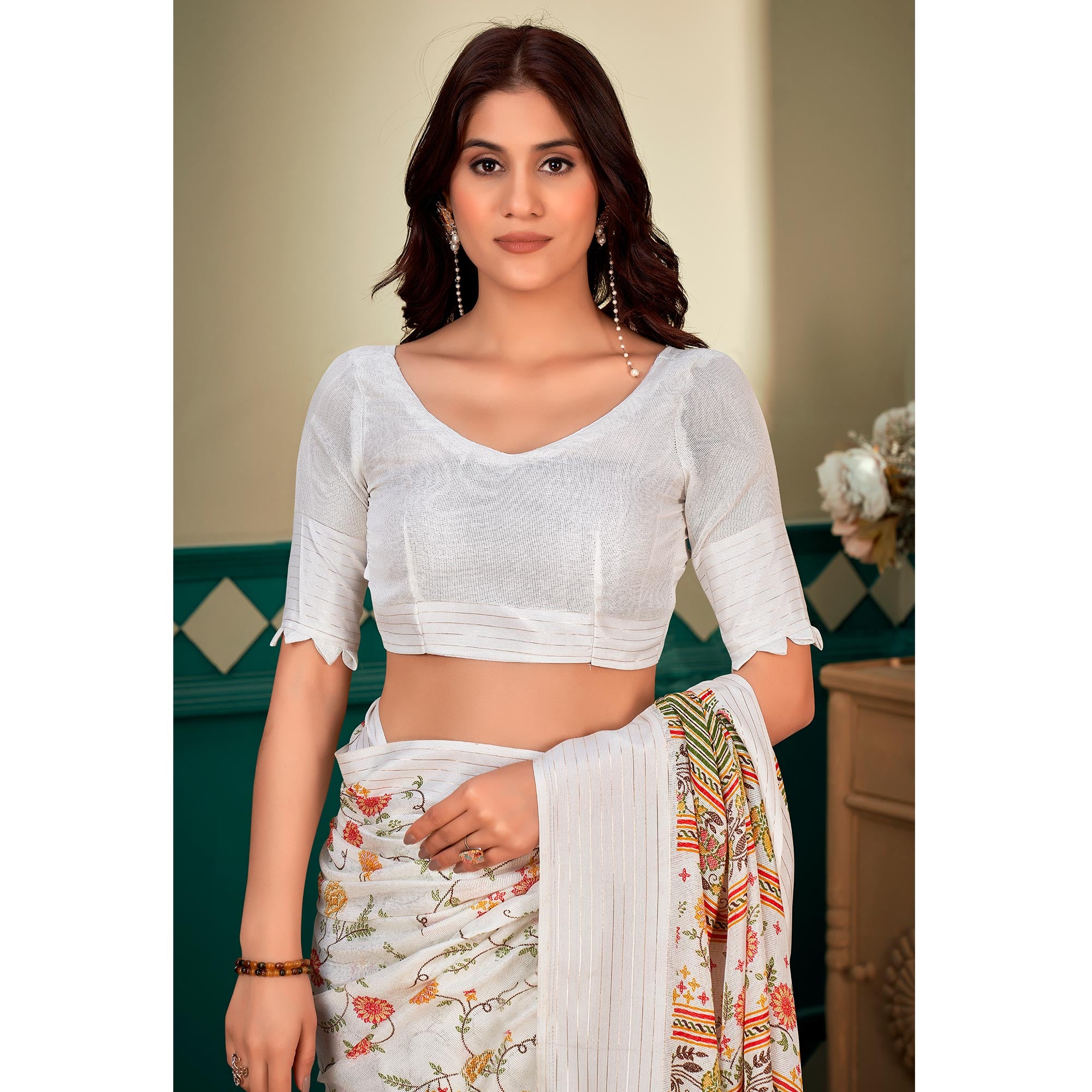 White Floral Printed Linen Saree