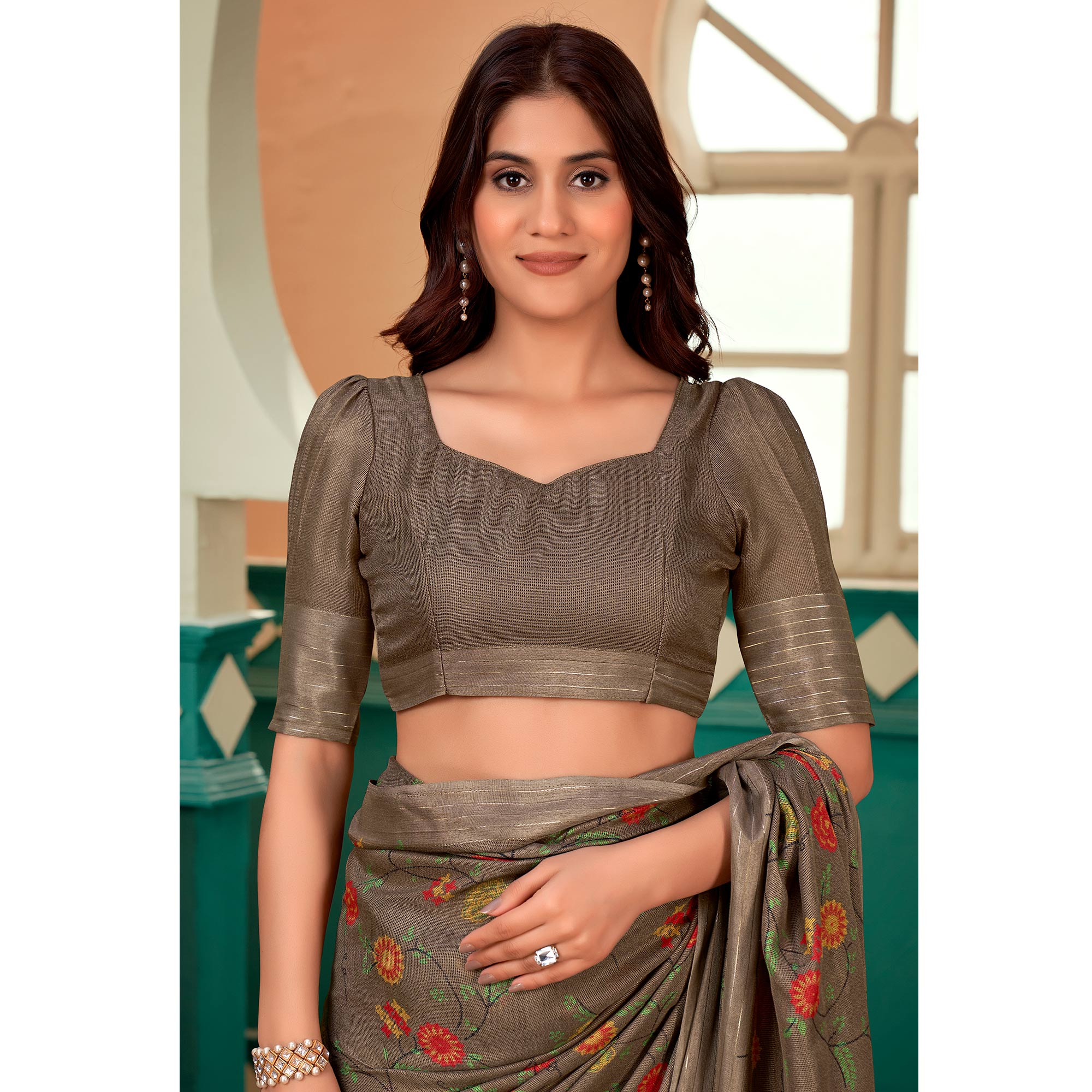 Brown Floral Printed Linen Saree
