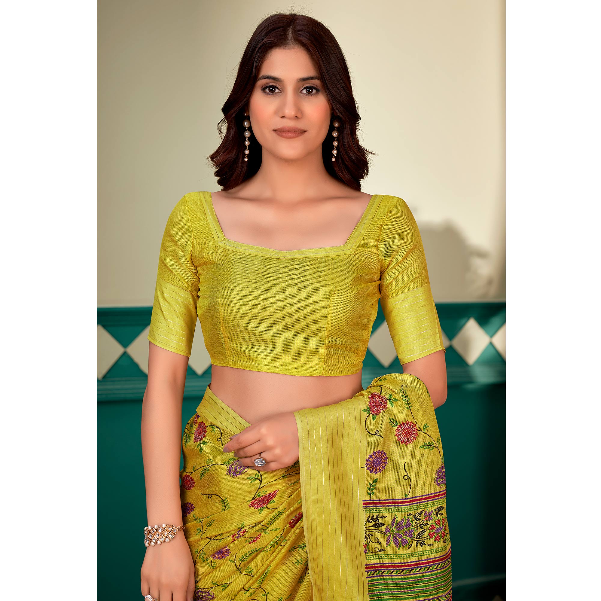 Yellow Floral Printed Linen Saree
