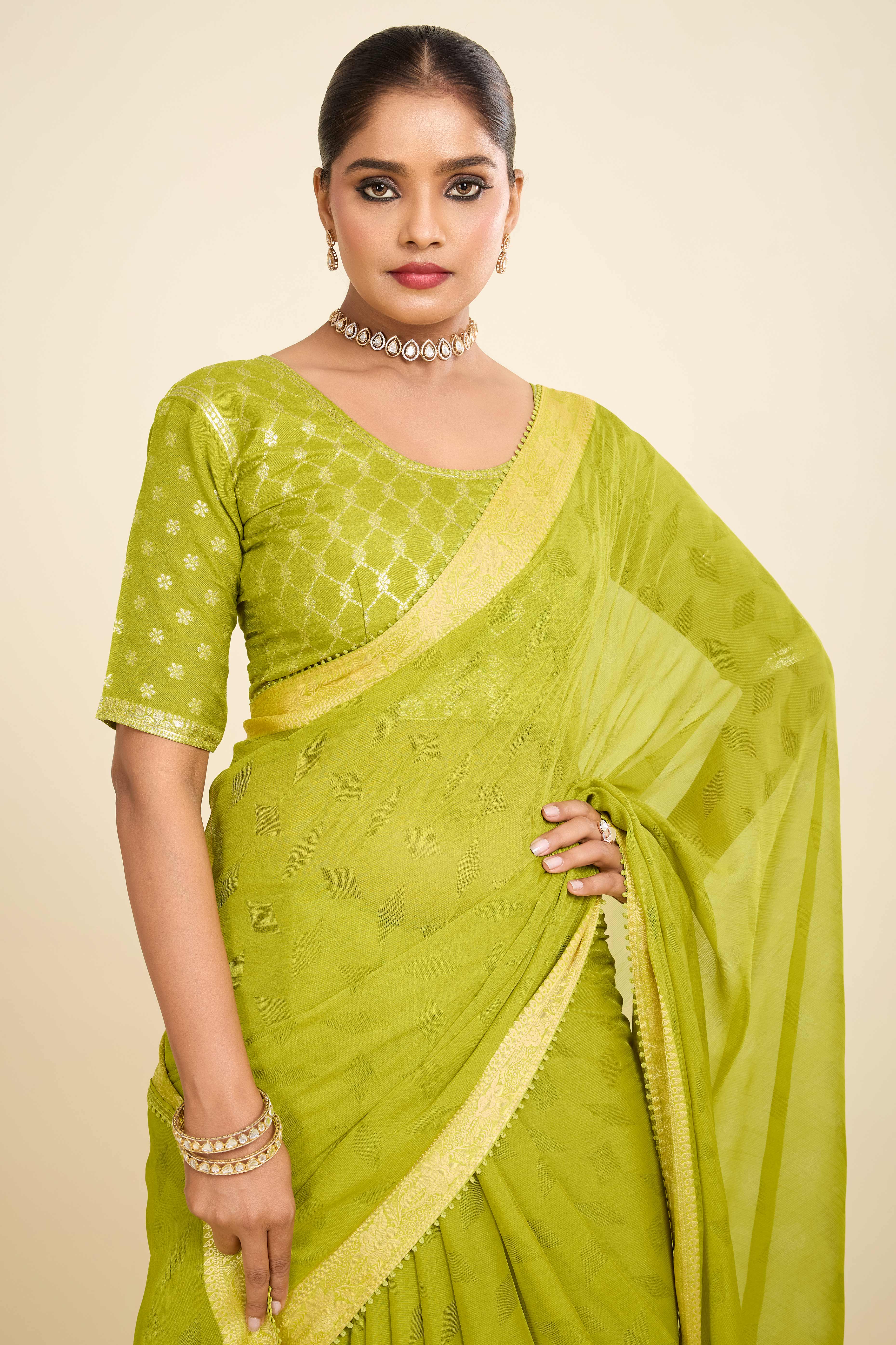 Parrot Green Printed Chiffon Saree with Intricate Woven Edging
