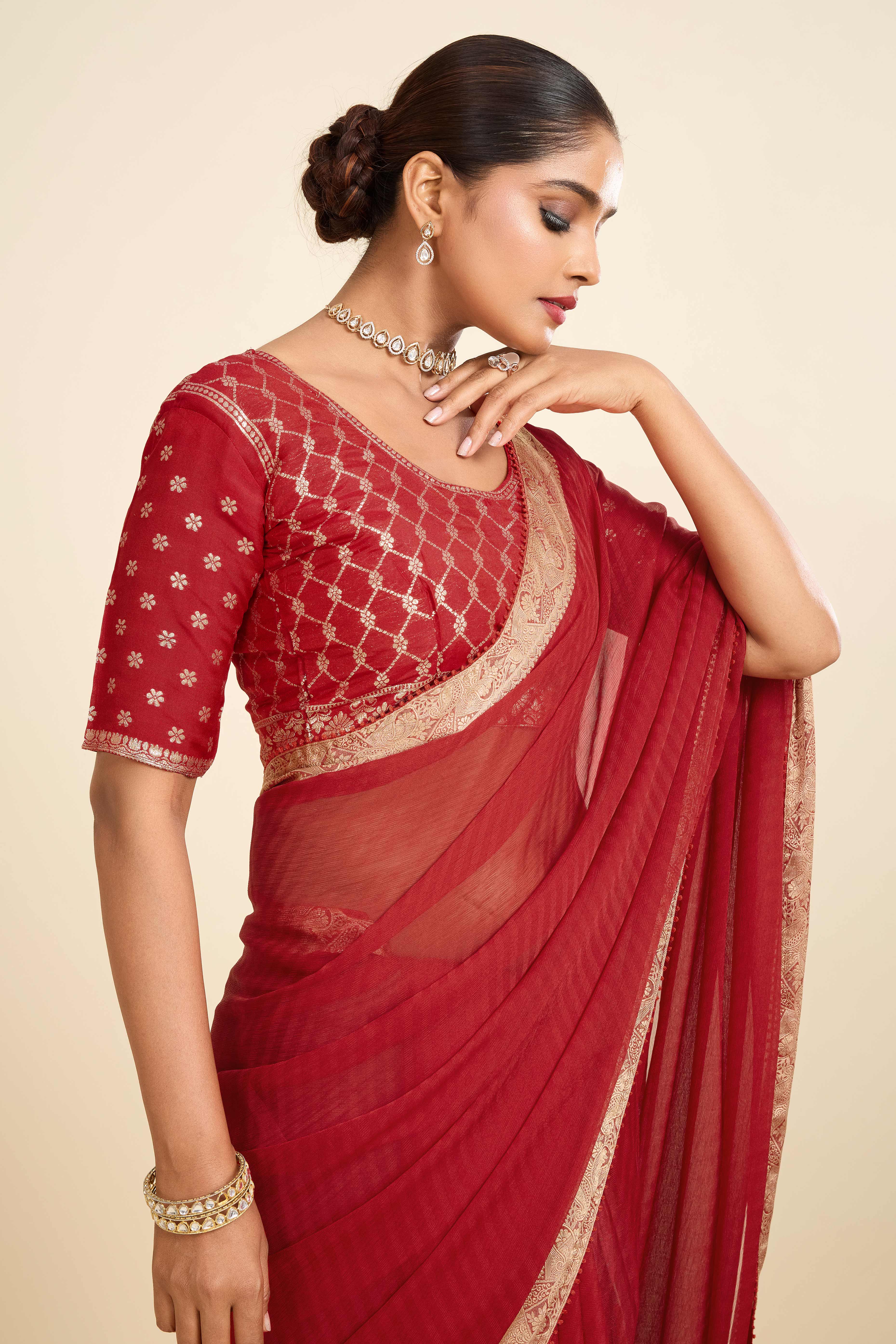 Red Printed Chiffon Saree with Intricate Woven Edging