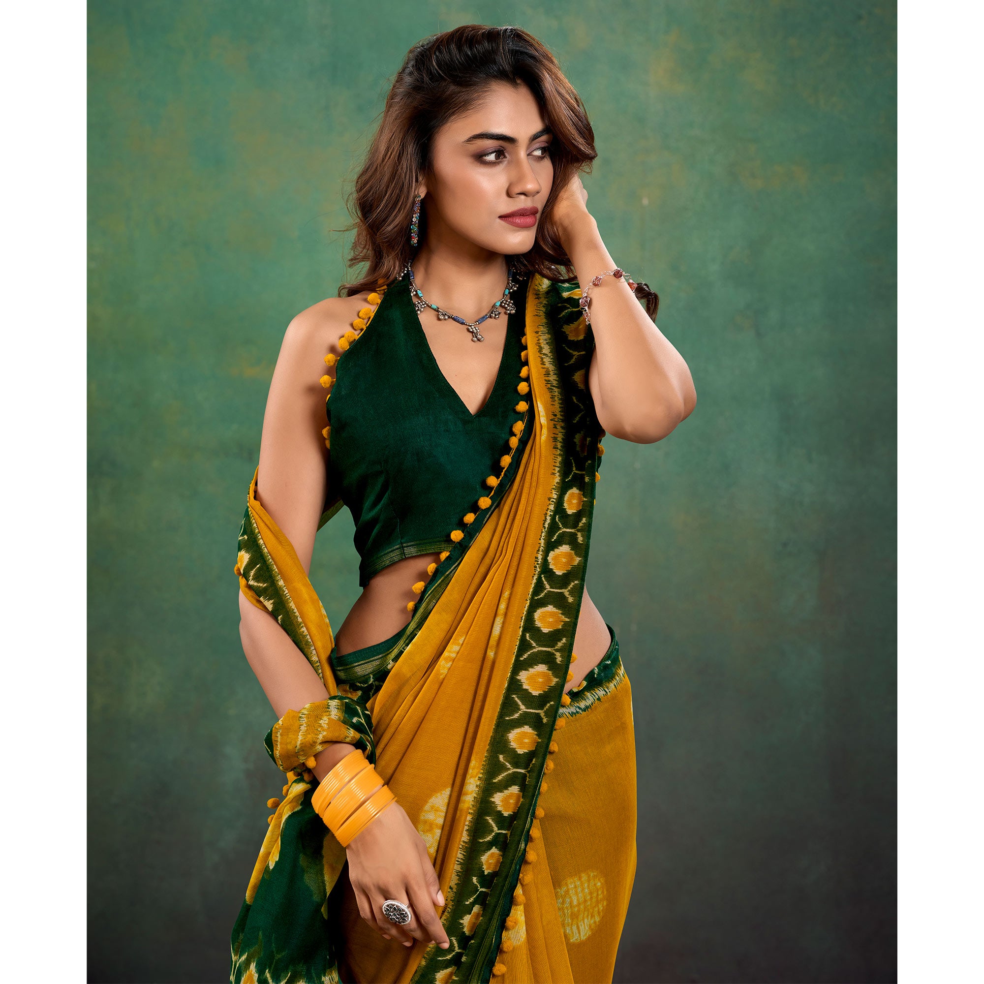 Mustard Ikkat Printed Mul Mul Cotton Saree