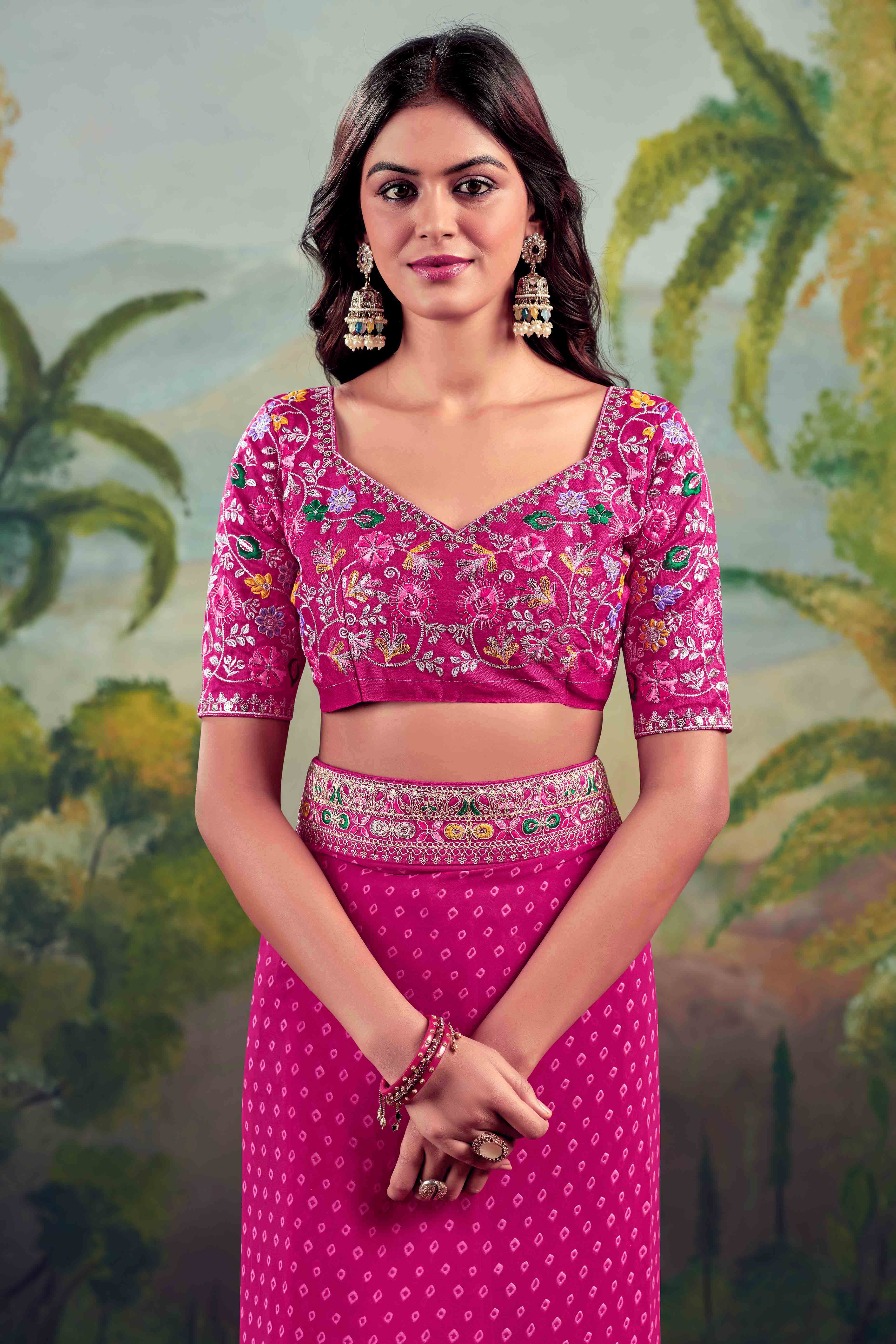 Pink Bandhani Printed Georgette Saree With Embroidered Border