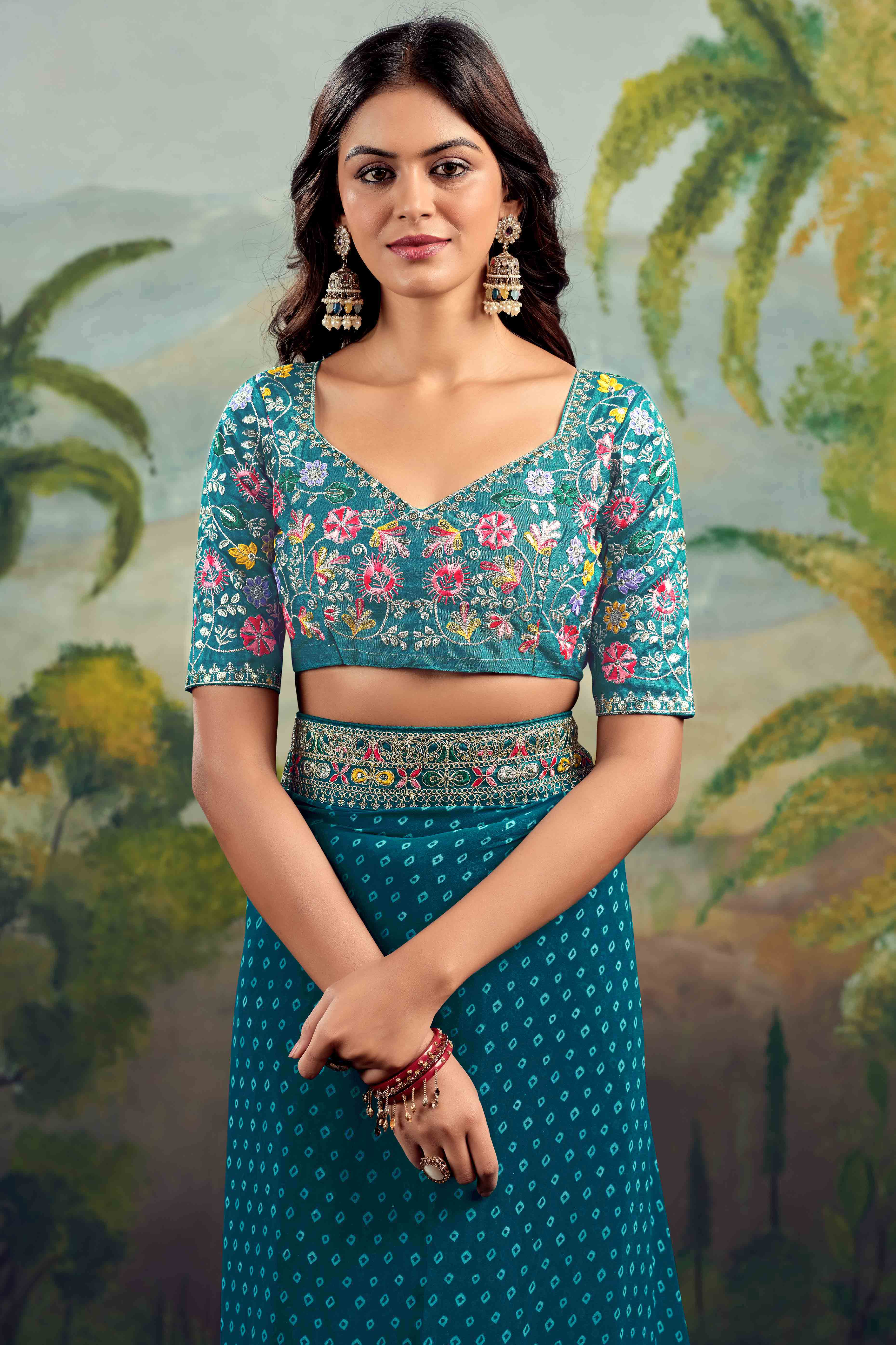 Teal Bandhani Printed Georgette Saree With Embroidered Border