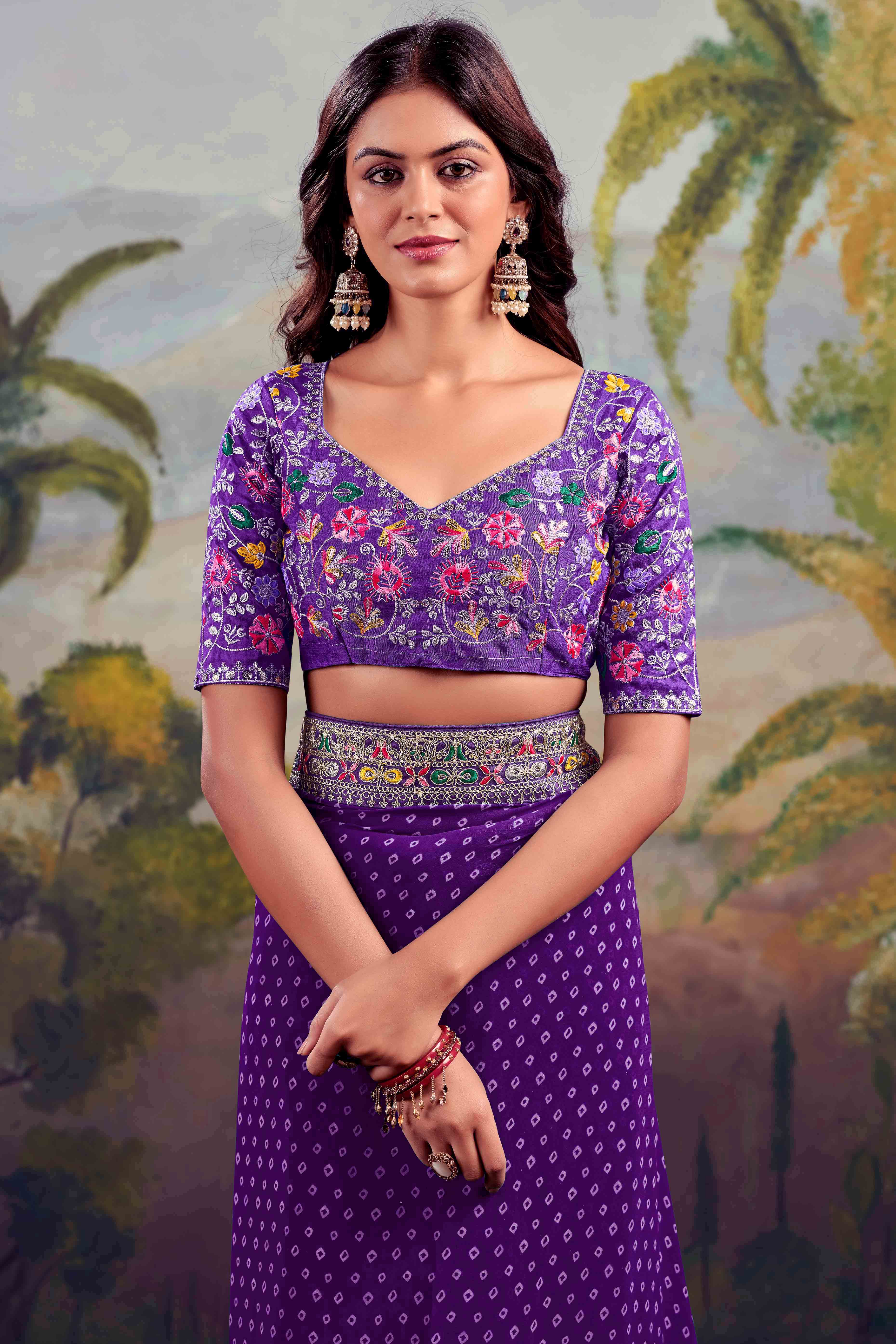 Purple Bandhani Printed Georgette Saree With Embroidered Border