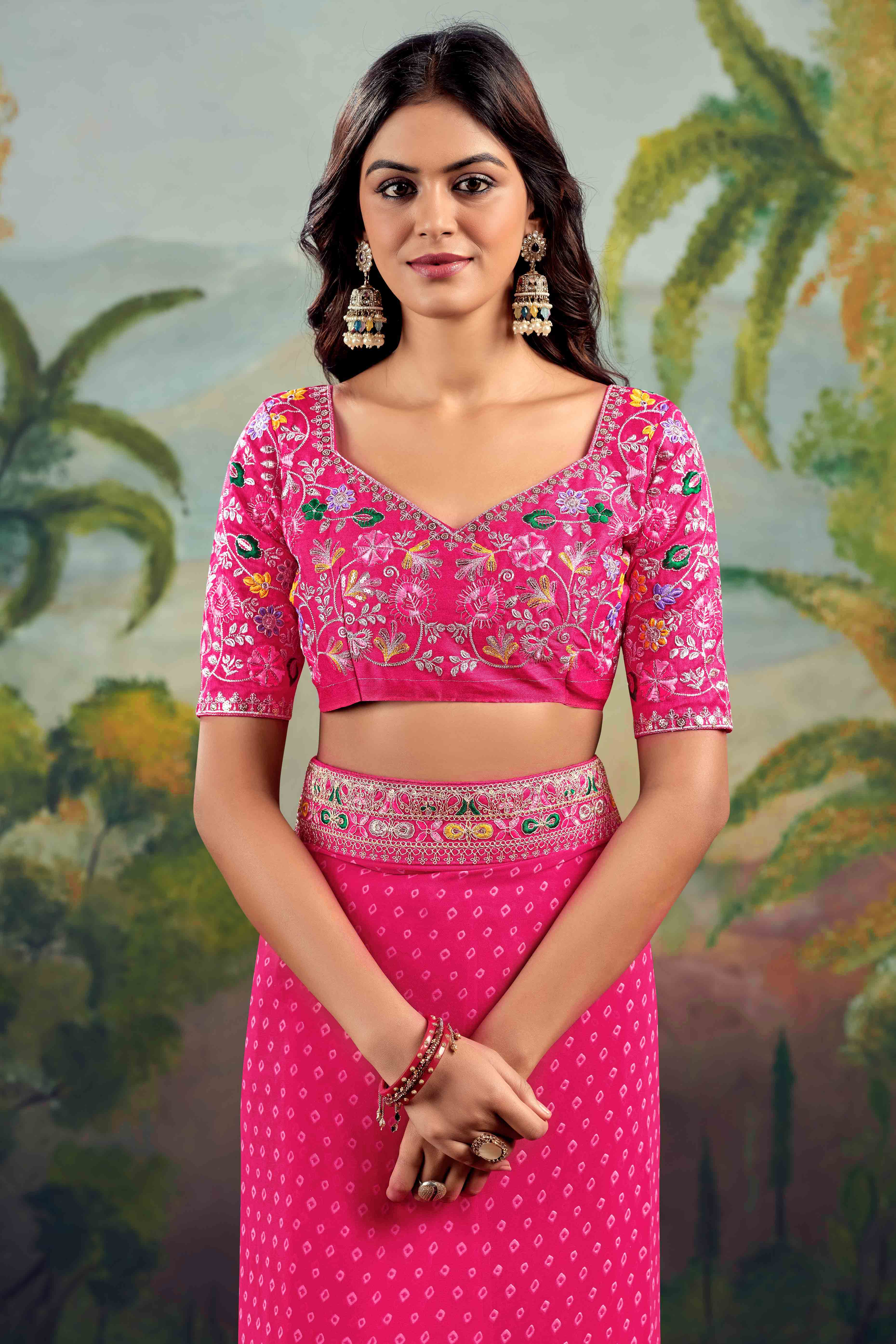 Gajri Pink Bandhani Printed Georgette Saree With Embroidered Border