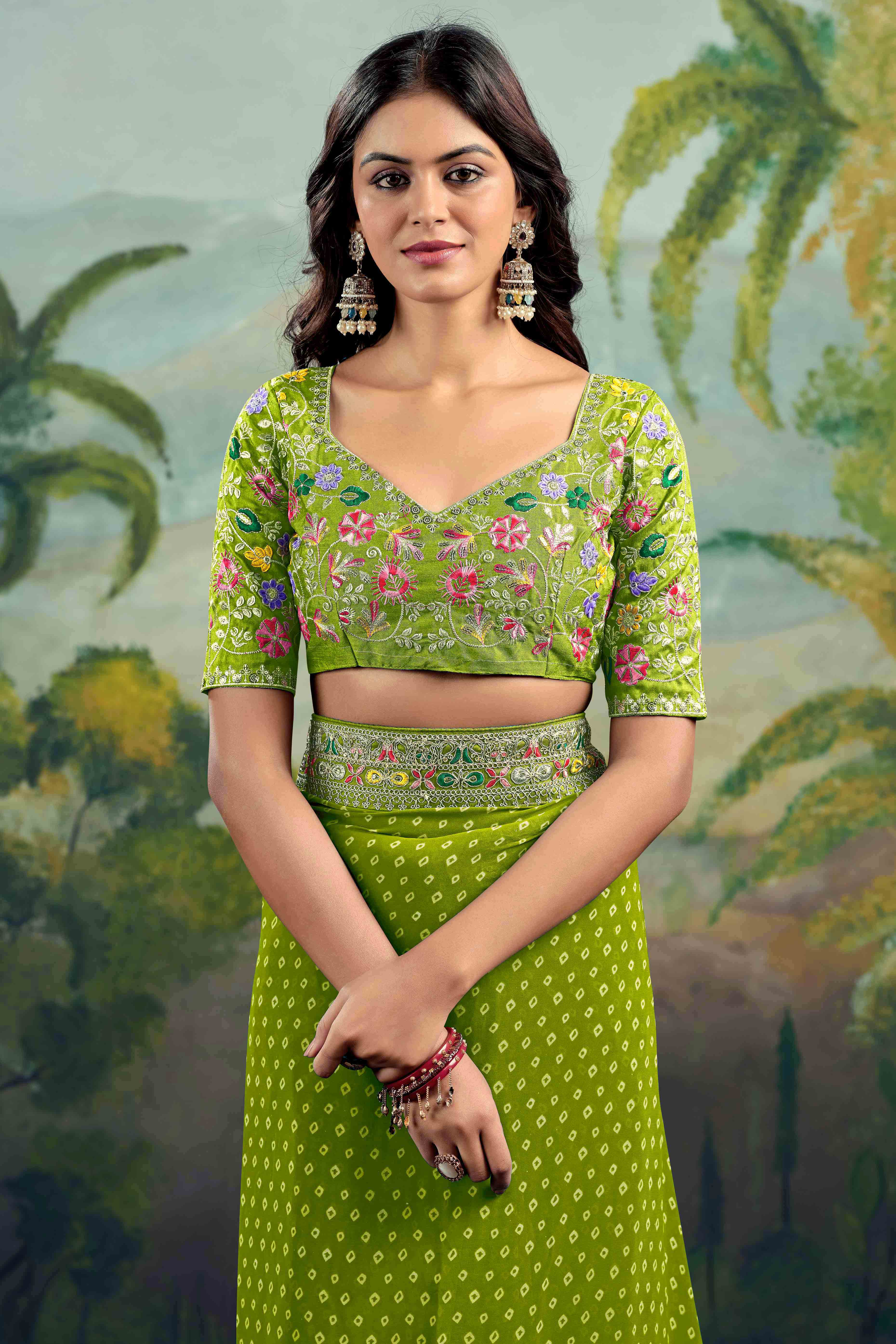 Green Bandhani Printed Georgette Saree With Embroidered Border