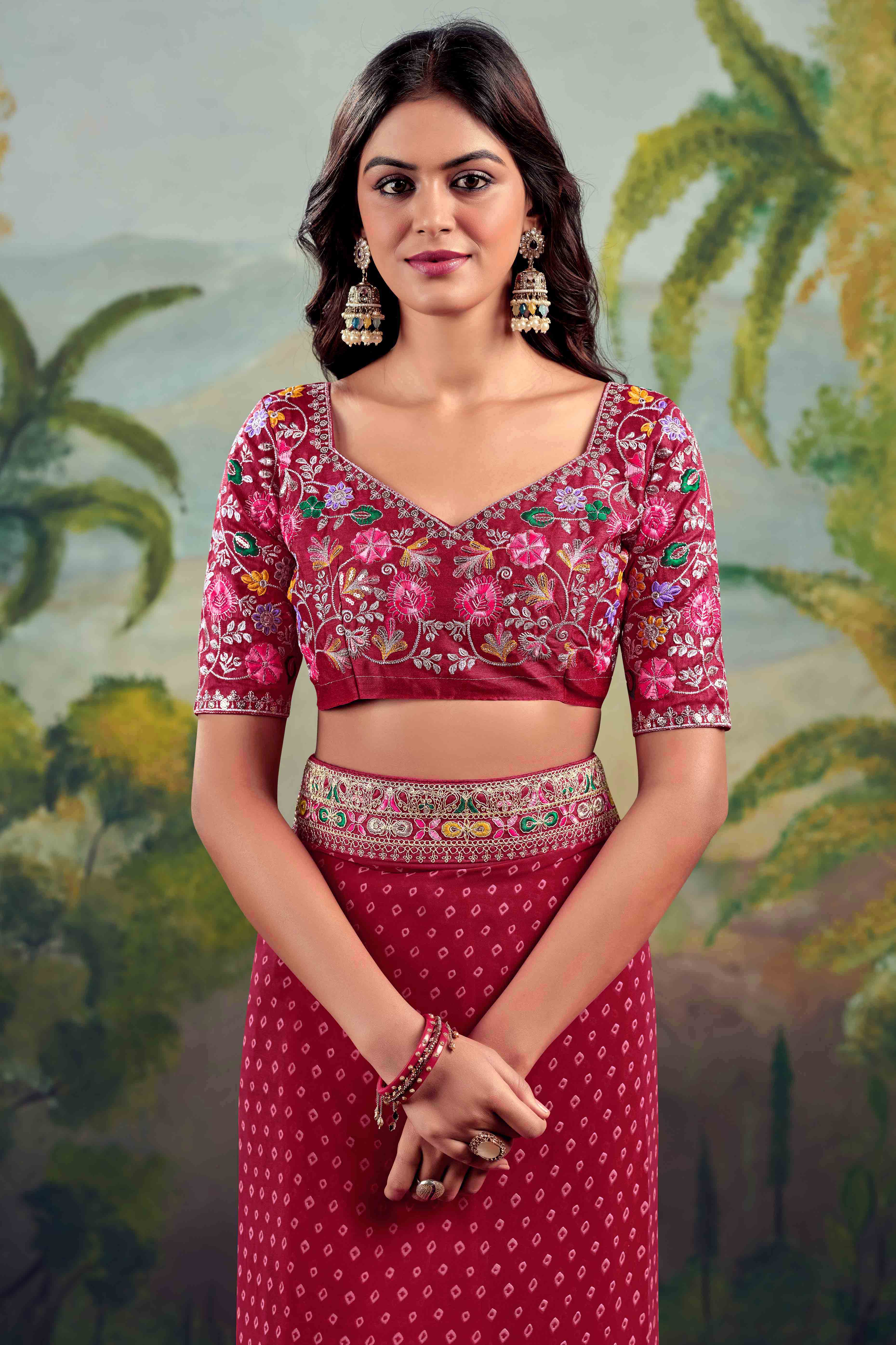 Maroon Bandhani Printed Georgette Saree With Embroidered Border