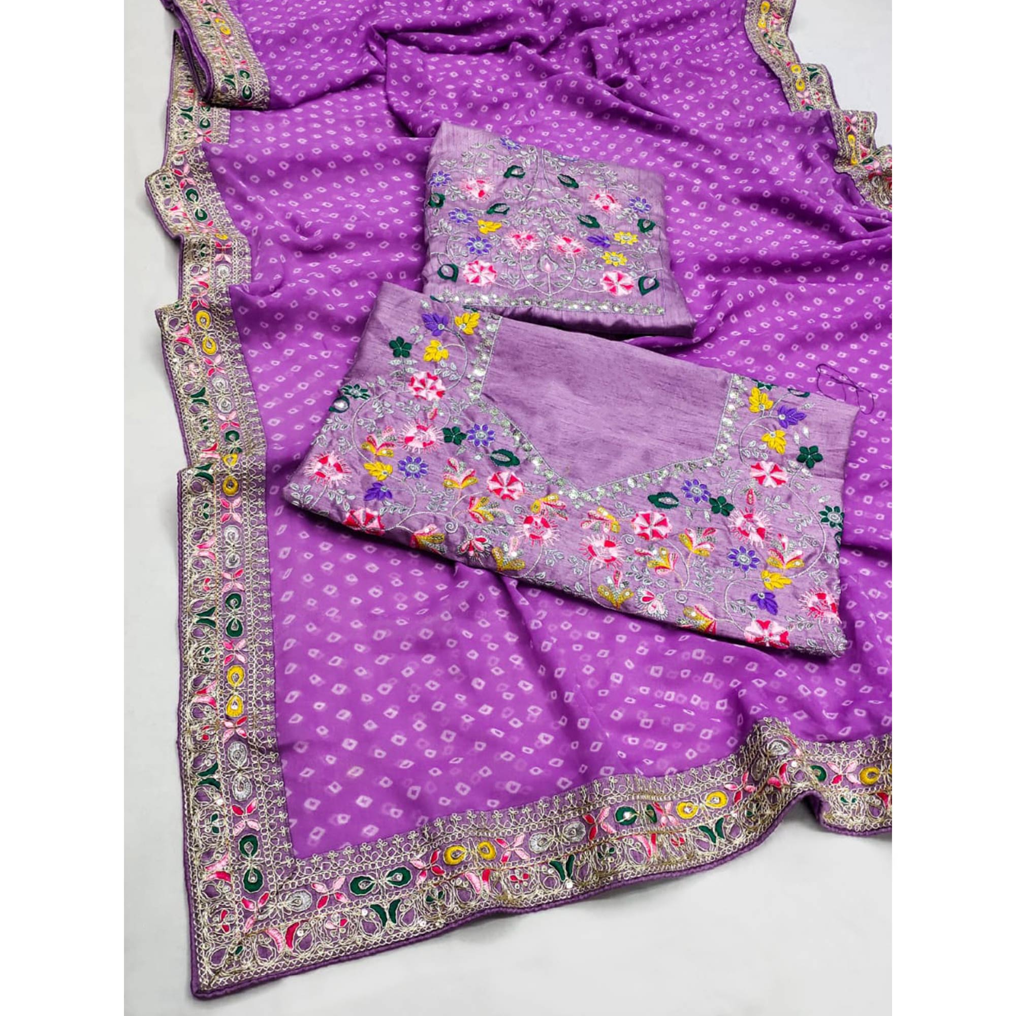 Purple Bandhani Printed Georgette Saree With Embroidered Border