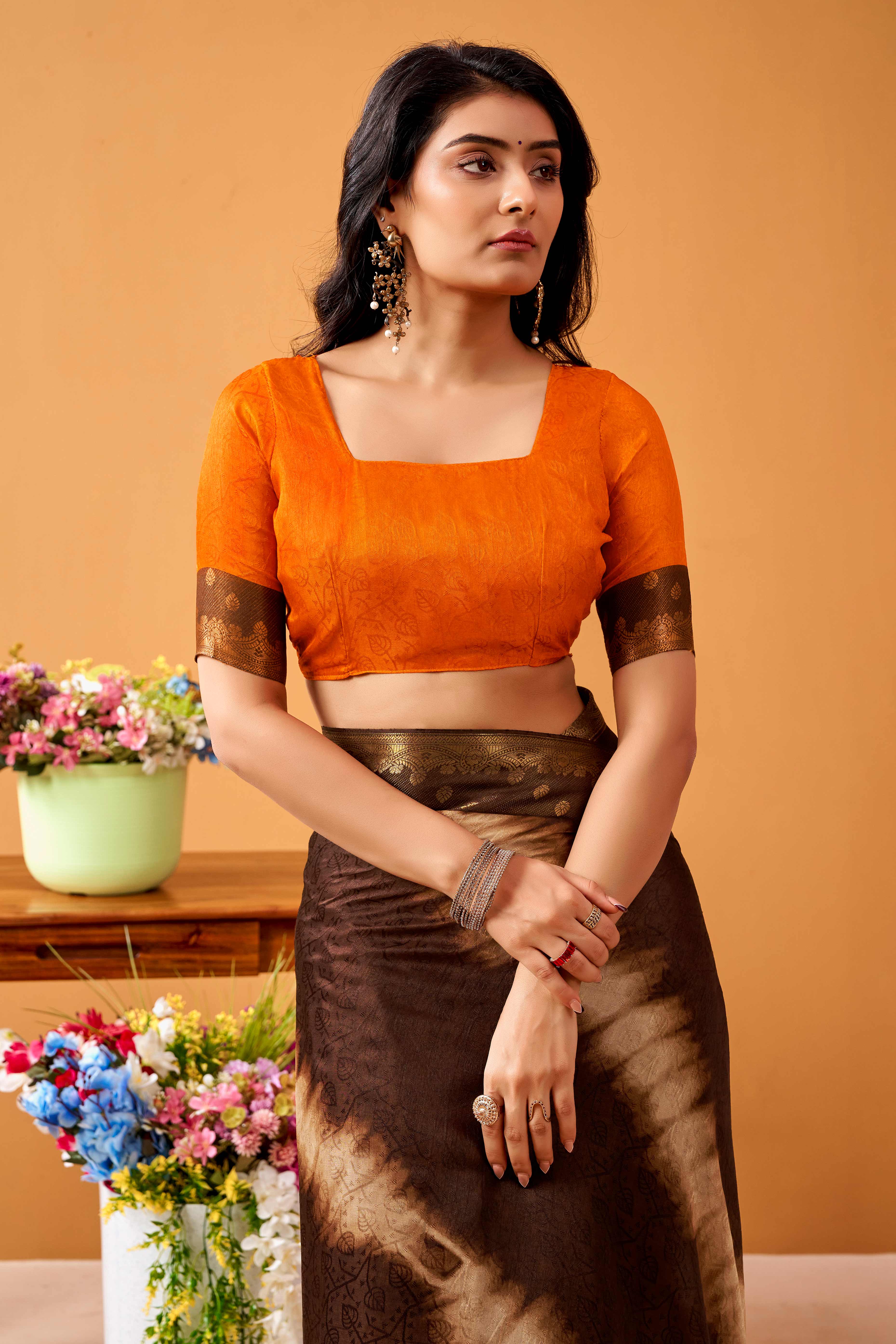 Luxurious Brown Tussar Silk Saree Featuring Traditional Abstract Print & Peacock Jacquard Border
