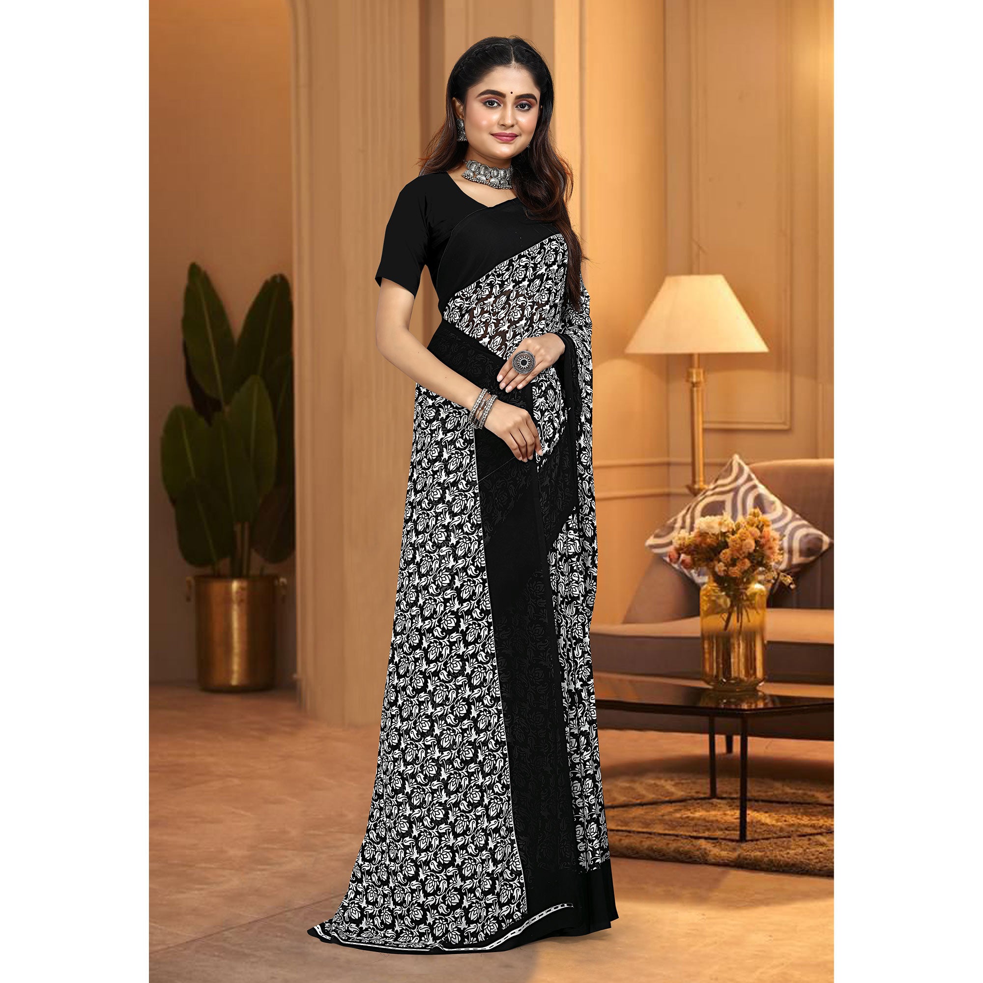 Black & White Floral Printed Georgette Saree