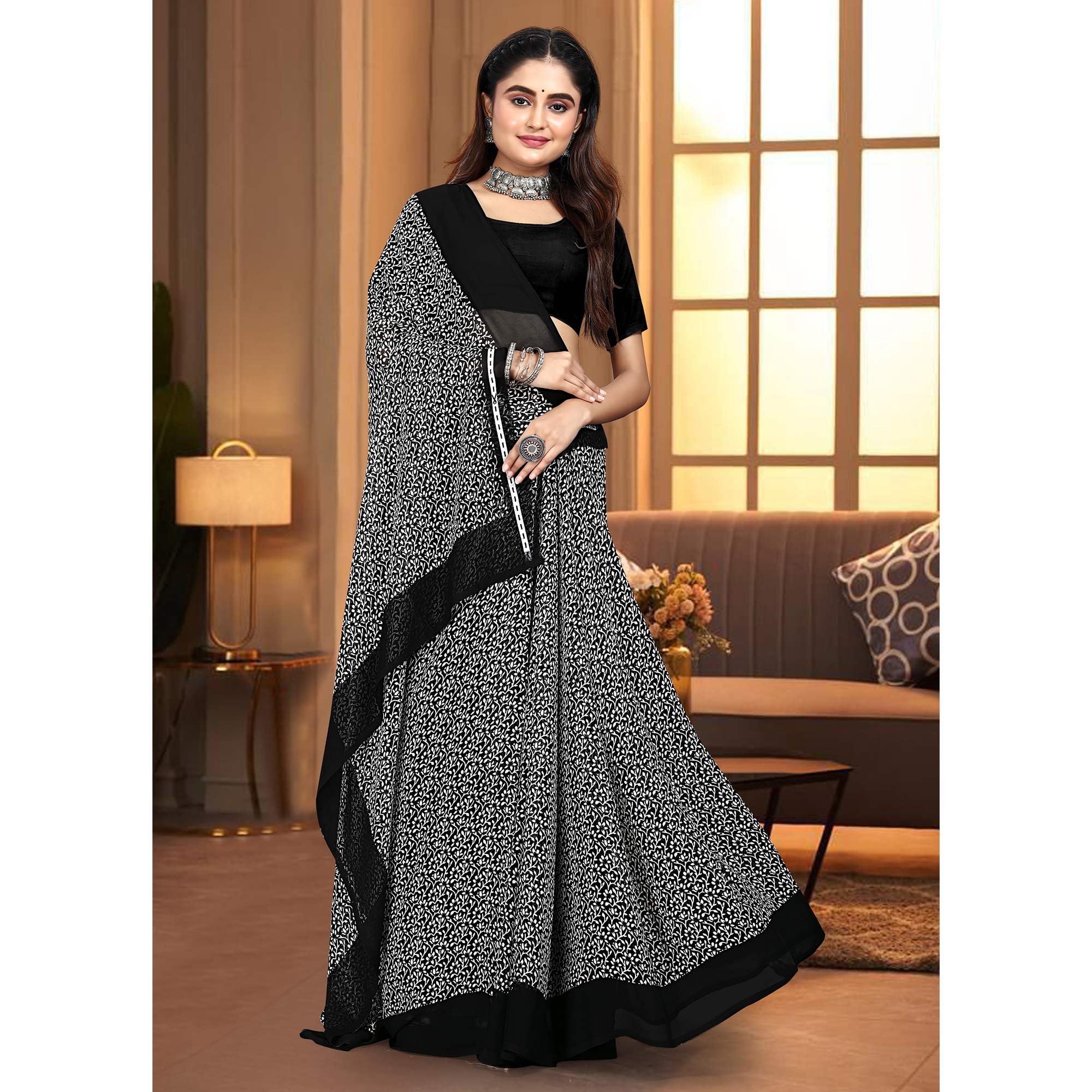 Black & White Floral Printed Georgette Saree