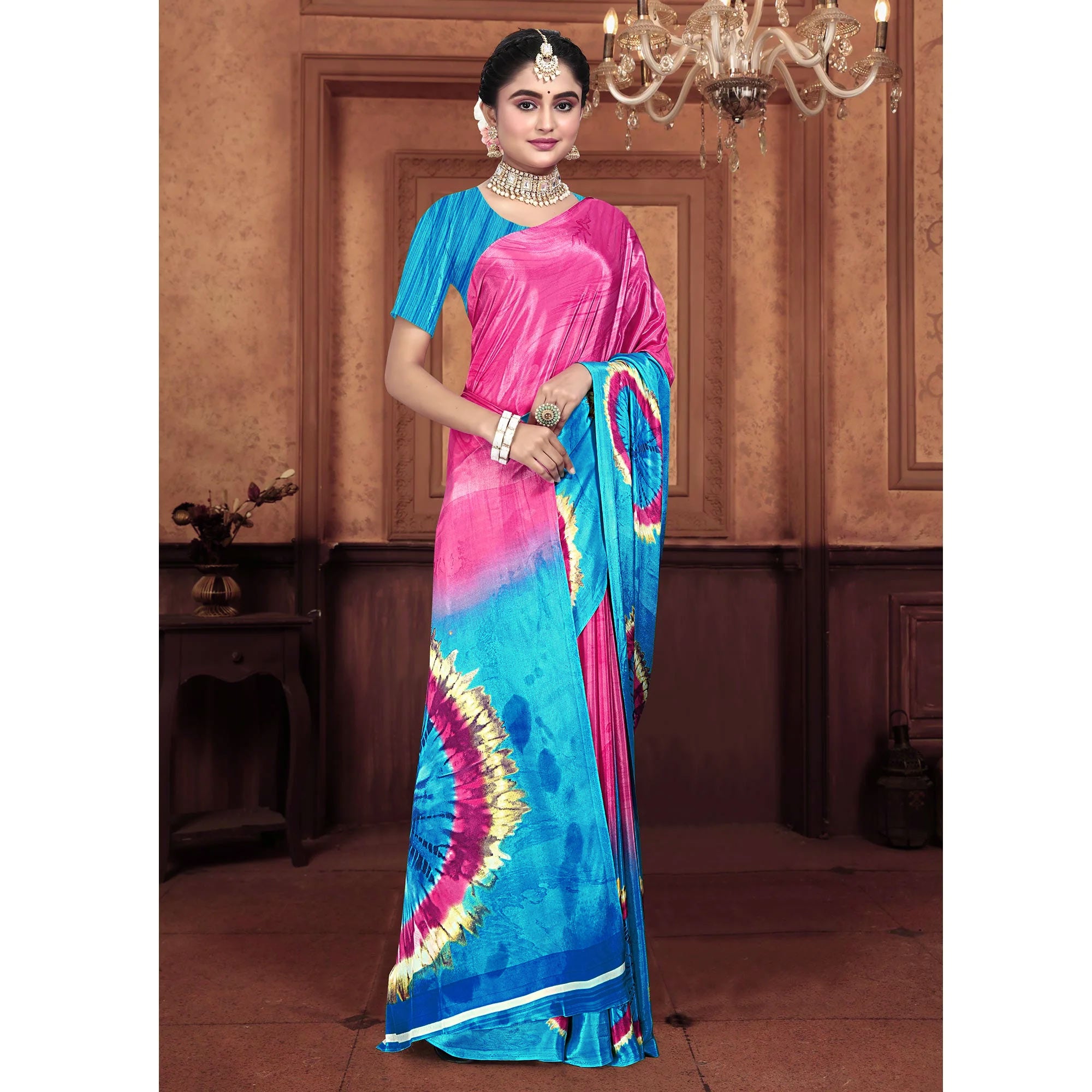 Turquoise & Pink Printed Crepe Silk Saree
