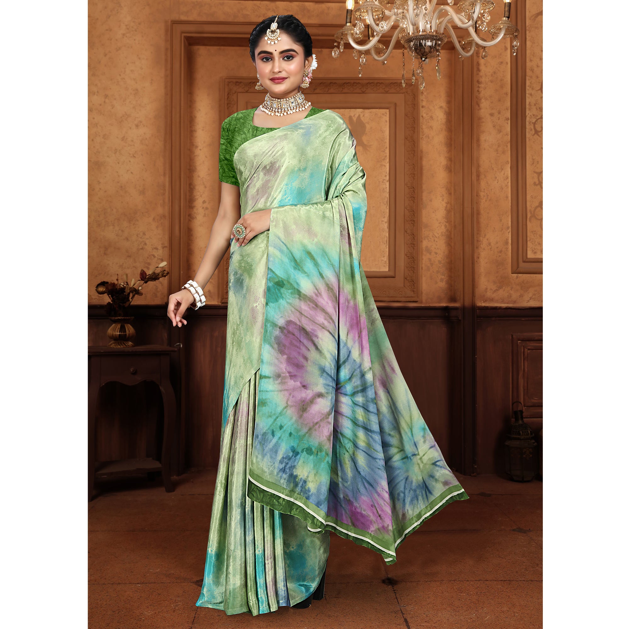 Green Printed Crepe Silk Saree