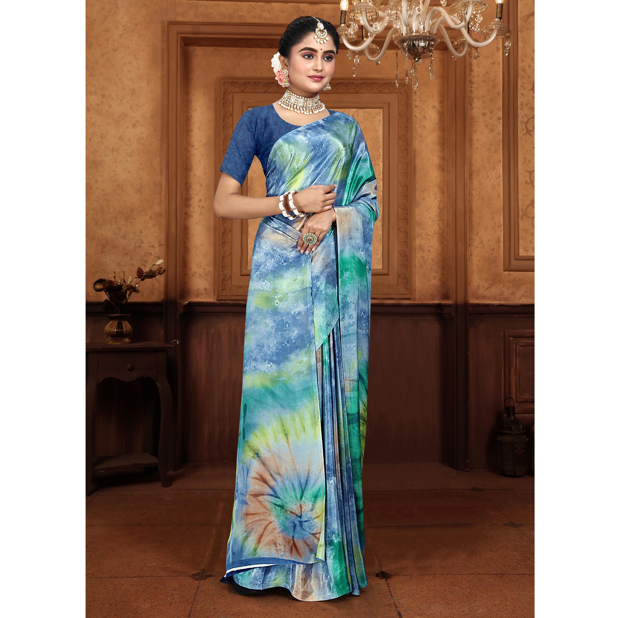 Blue Printed Crepe Silk Saree