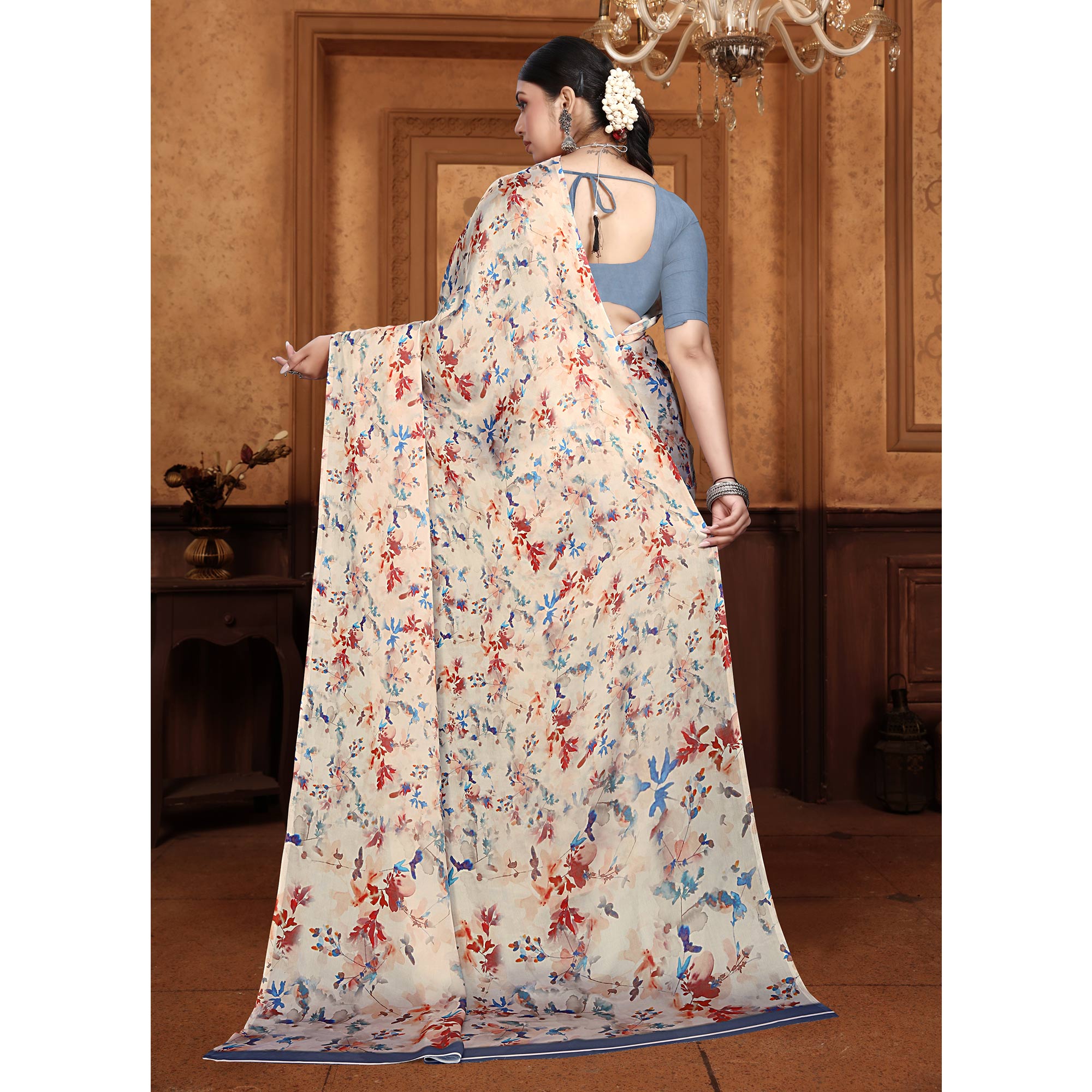 Cream Floral Digital Printed Georgette Saree