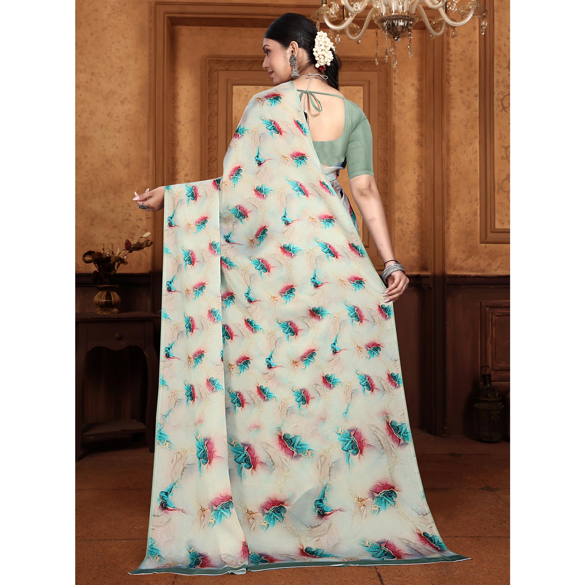 Cream Digital Printed Georgette Saree