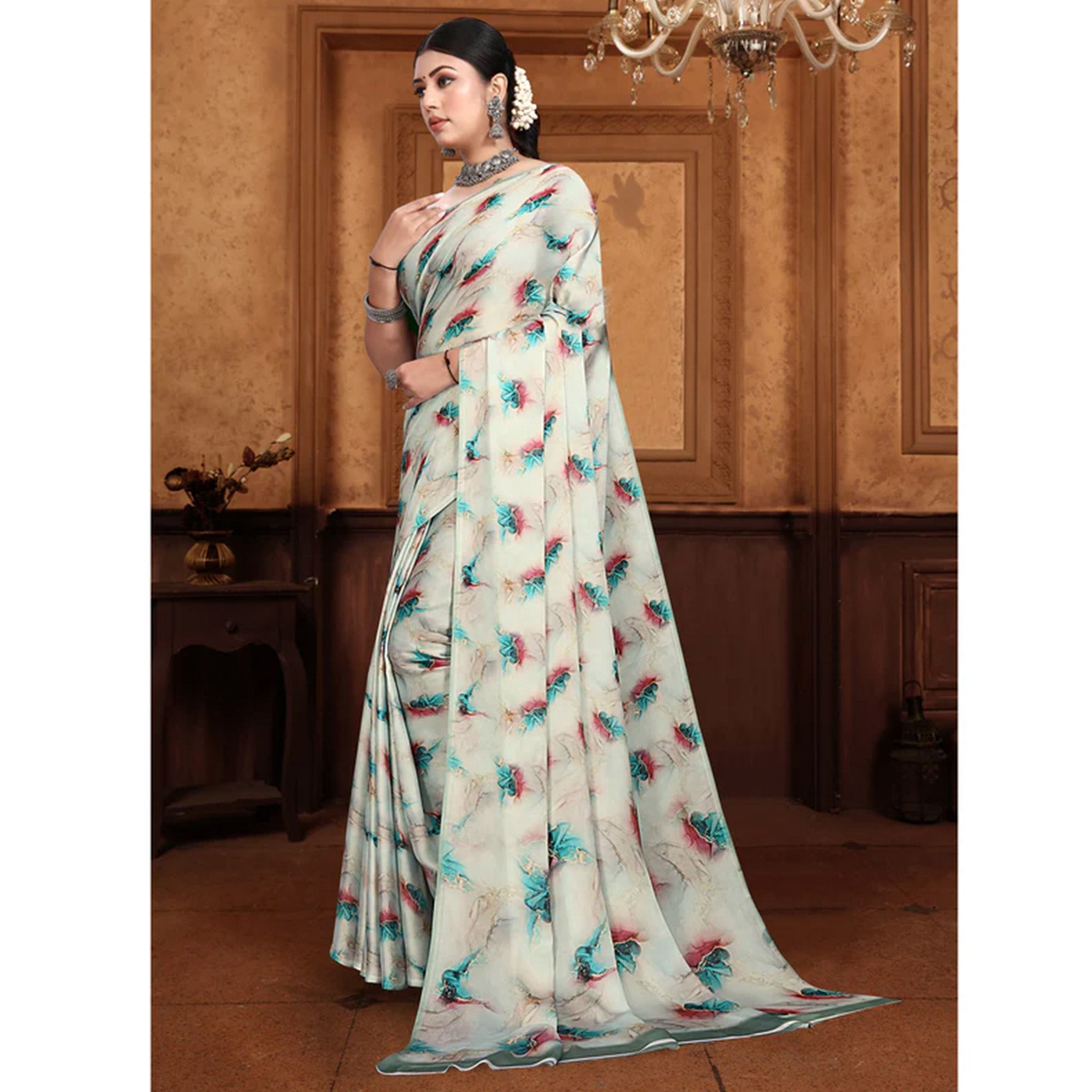 Cream Digital Printed Georgette Saree