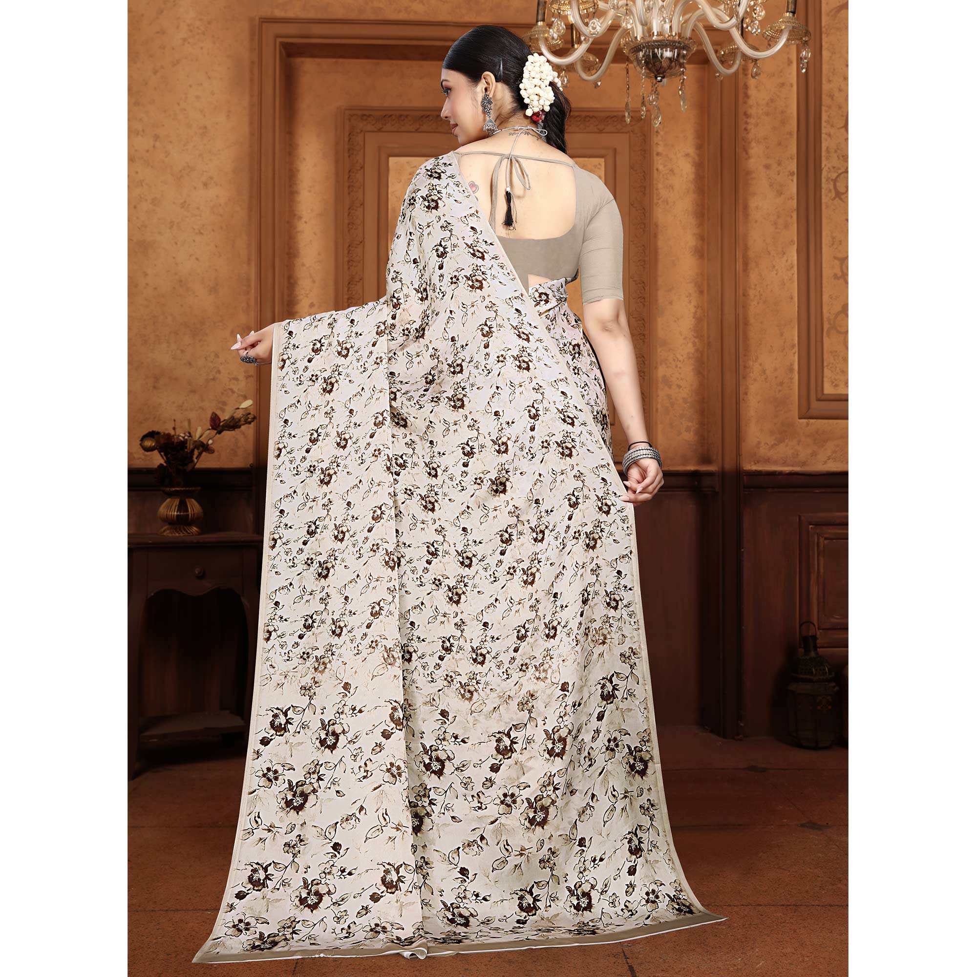 Offwhite Floral Digital Printed Georgette Saree